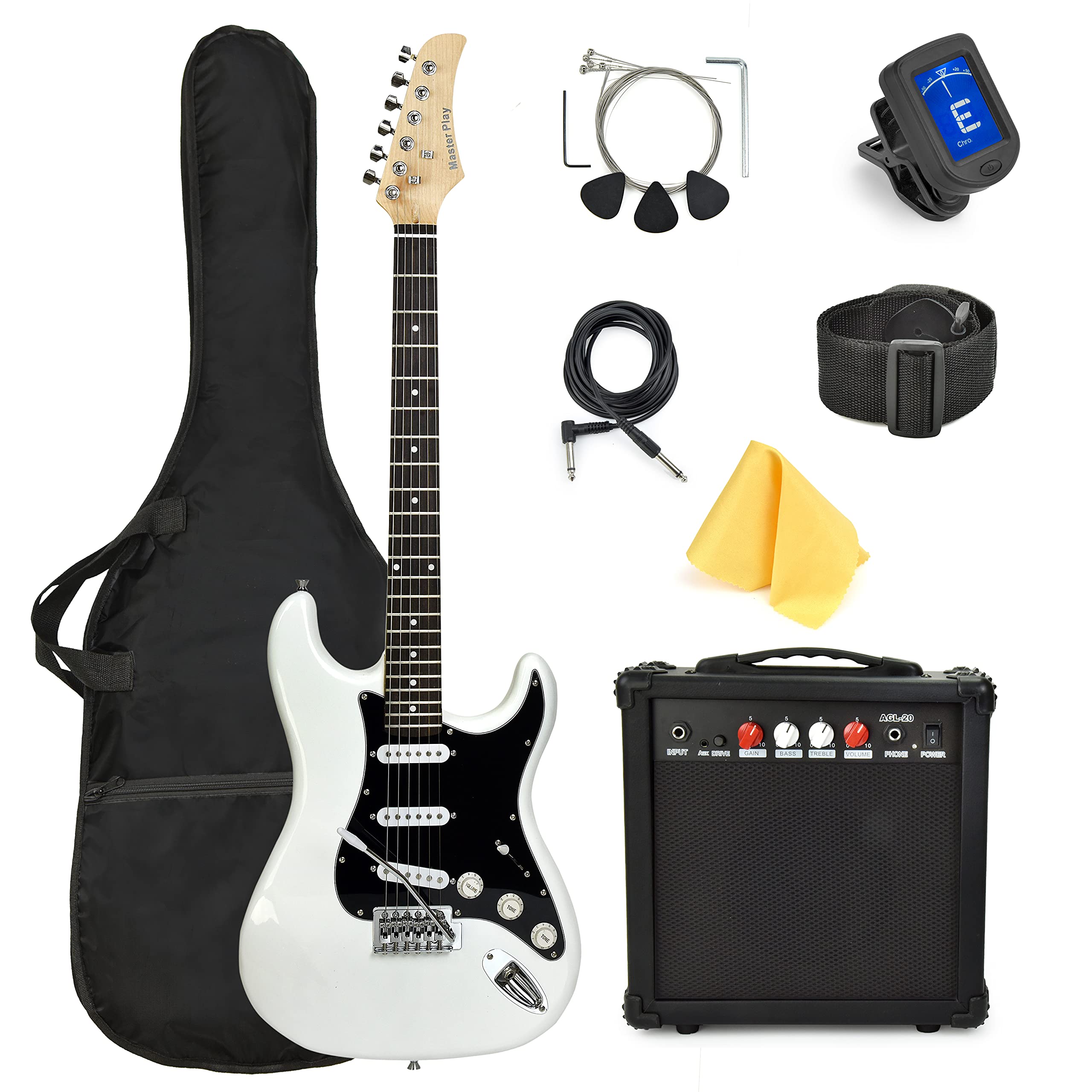 Master Play 39 Inch Electric Guitar,For Kids/beginner With Complete Starter Kit, 20 Watt Amp, 6 Extra String, Picks, Gig Bag, Shoulder Strap, Digital tuner, Cable, Wash Cloth - Very Good
