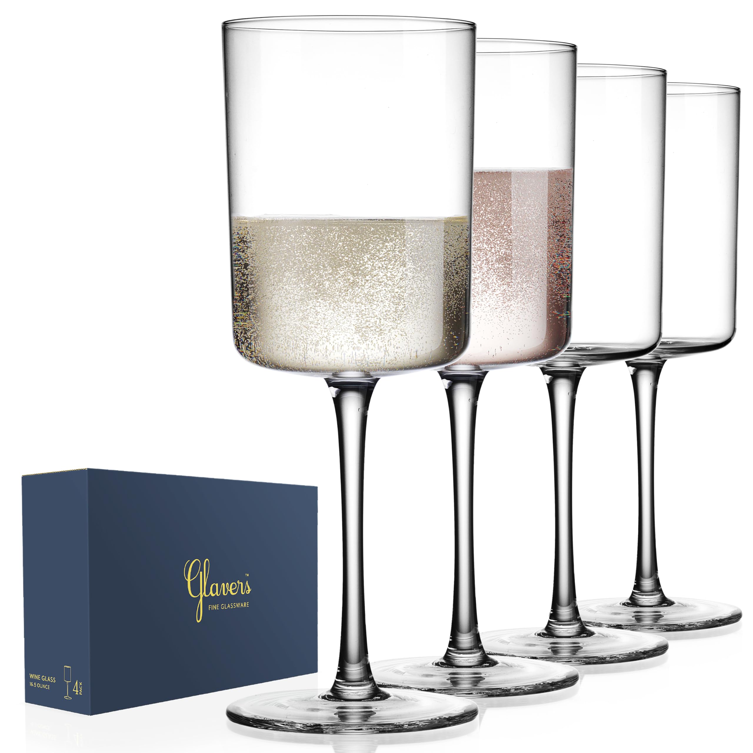 Square Wine Glasses Set of 4, Crystal Stemmed Modern Wine Glasses 16 O