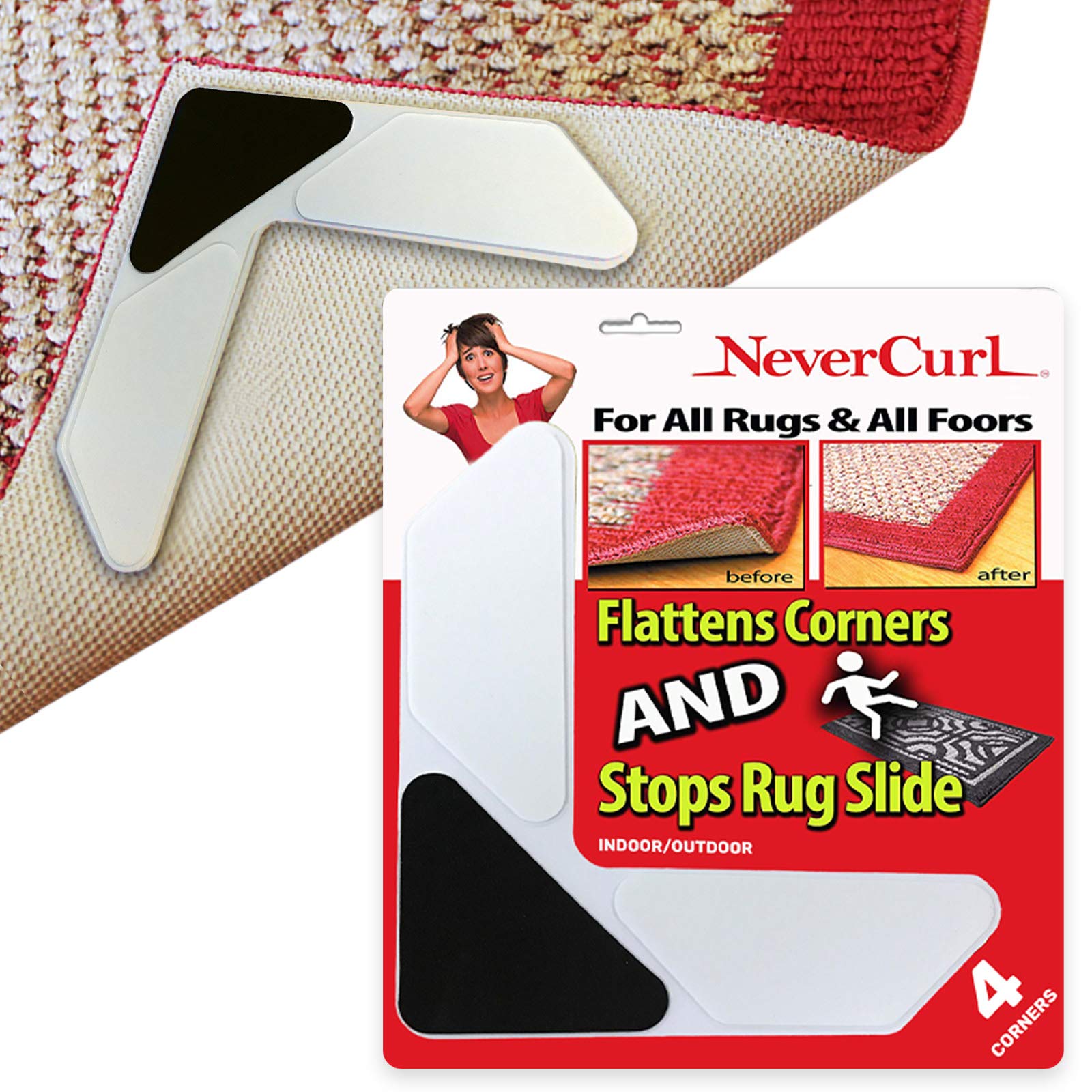 NeverCurl Rug Corner Grippers - Instantly Flattens Rug Corners Stops Rug Slipping, Stiff Layer Prevent Curling, Renewable Rug Gripper Sticky Gel, Easy Lift Design to Clean Under Rugs - Acceptable