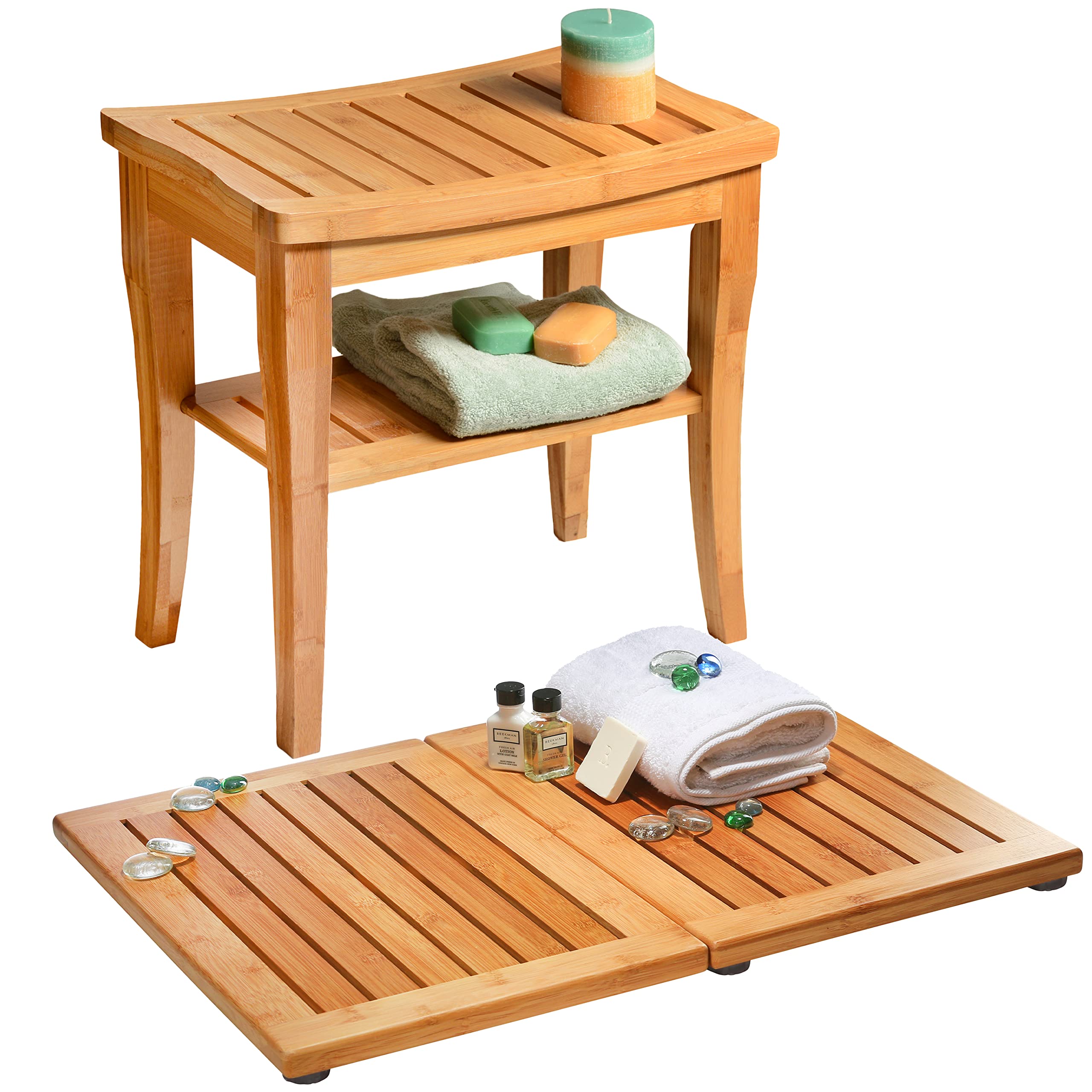 Shower Bench and Bath Mat - Set of Bamboo Bathroom Bench + Foldable Bamboo Bath Mat - Sauna Accessories, Versatile Bench and Floor Mat for Bathroom, Entrance, Patio, Camping, RV and Outdoors - Very Good