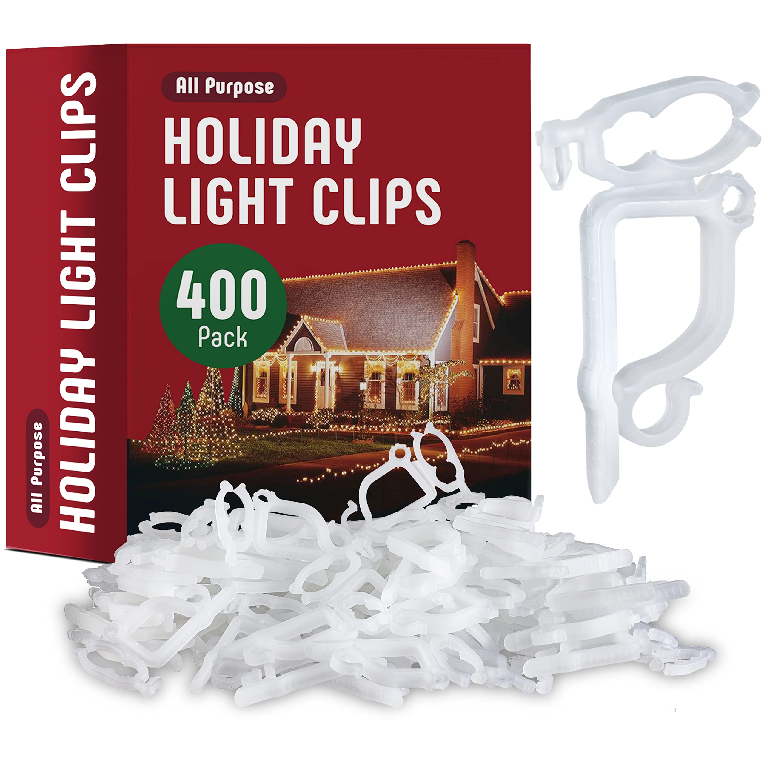 SEWANTA All-Purpose Light Clips Holder - Set of 400 Christmas light hooks - Mount holiday lights to shingles and gutters - works with Rope, Mini, c-7-6-9, icicle lights - USA made - No tools required - Acceptable