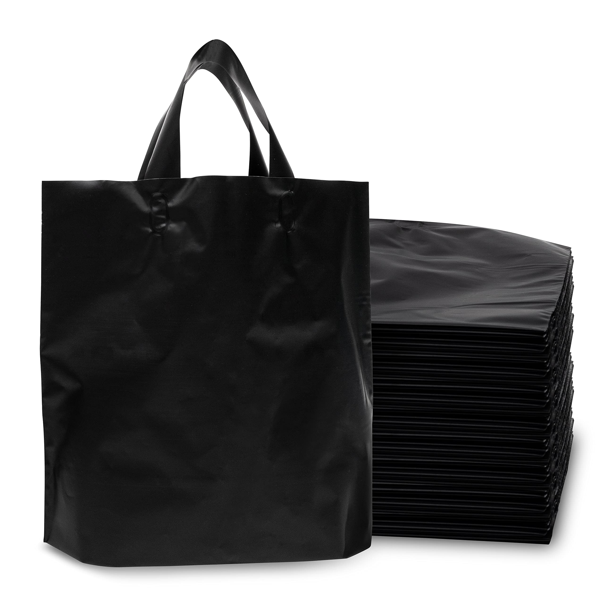 Prime Line Packaging 12x4x10 Inch 50 Pack Medium Black Paper Bag Plastic Shopping Bags with Handles for Small Business, Take Out, Boutique, Bulk - Like New