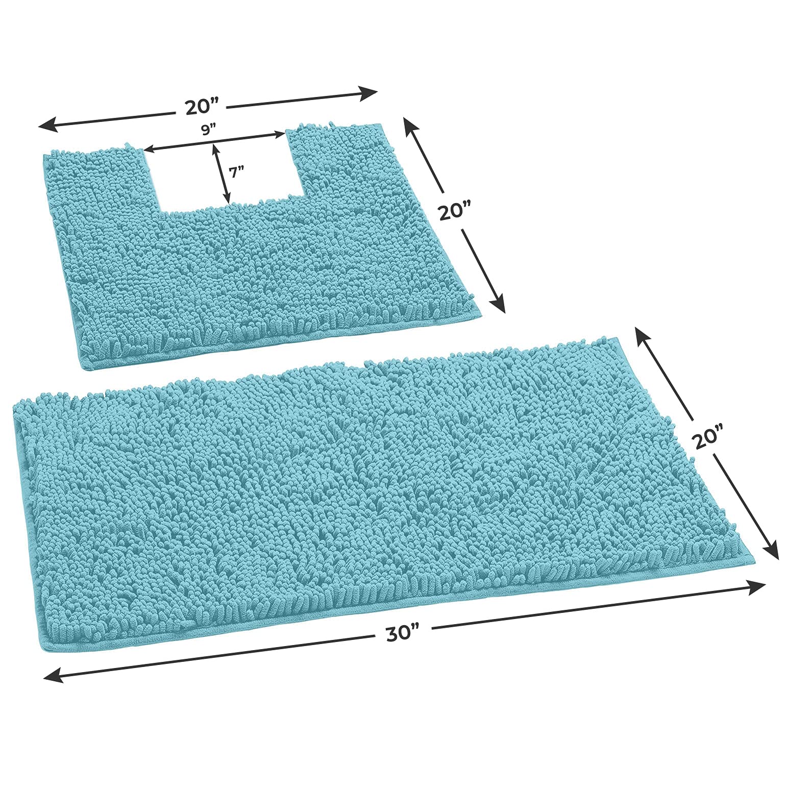 Luxurious Spa Blue Bath Mat Set: 2-Piece Chenille Rugs with Soft Plushness, Anti-Slip Design, U-Shaped Toilet Mat. 1'' Microfiber Shaggy Carpet. Machine Washable, Curved Set Square. - Like New