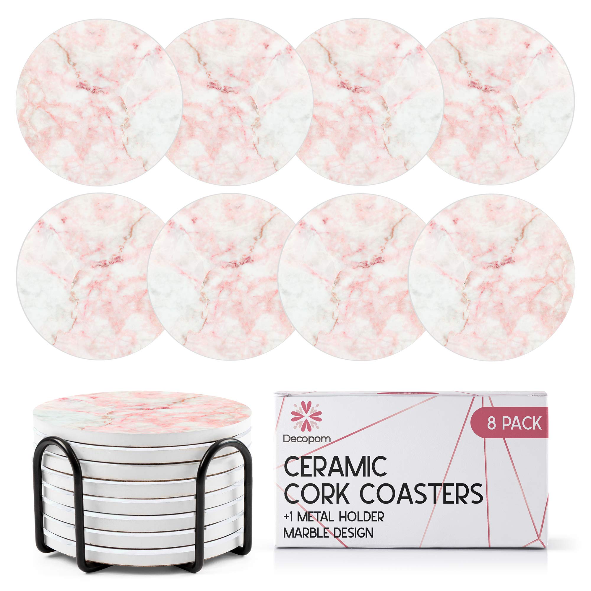 Coasters for Drinks Ceramic Cork Set - 8 Pcs Absorbent Rose Marble Design Coasters with Metal Holder for Cups Mugs Coffee Wine Wooden Glass Tabletop Protection Bar Table House Warming Gift Home  - Like New