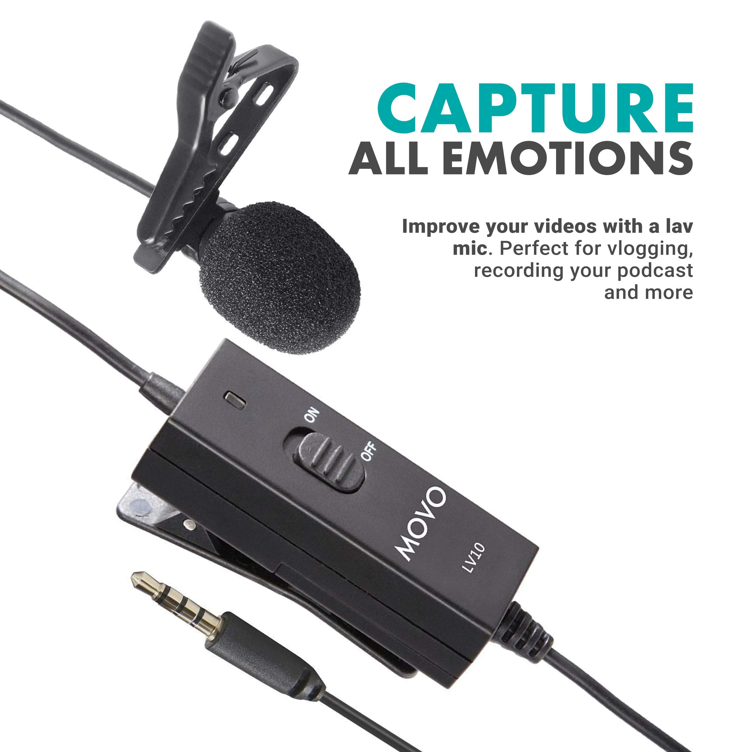 Movo LV10 Battery-Powered Lavalier Clip-on Omnidirectional Condenser TRRS Microphone for Apple iPhone, iPad, iPod and Samsung Galaxy Smartphones, Cameras, Camcorders, Recorders - Very Good