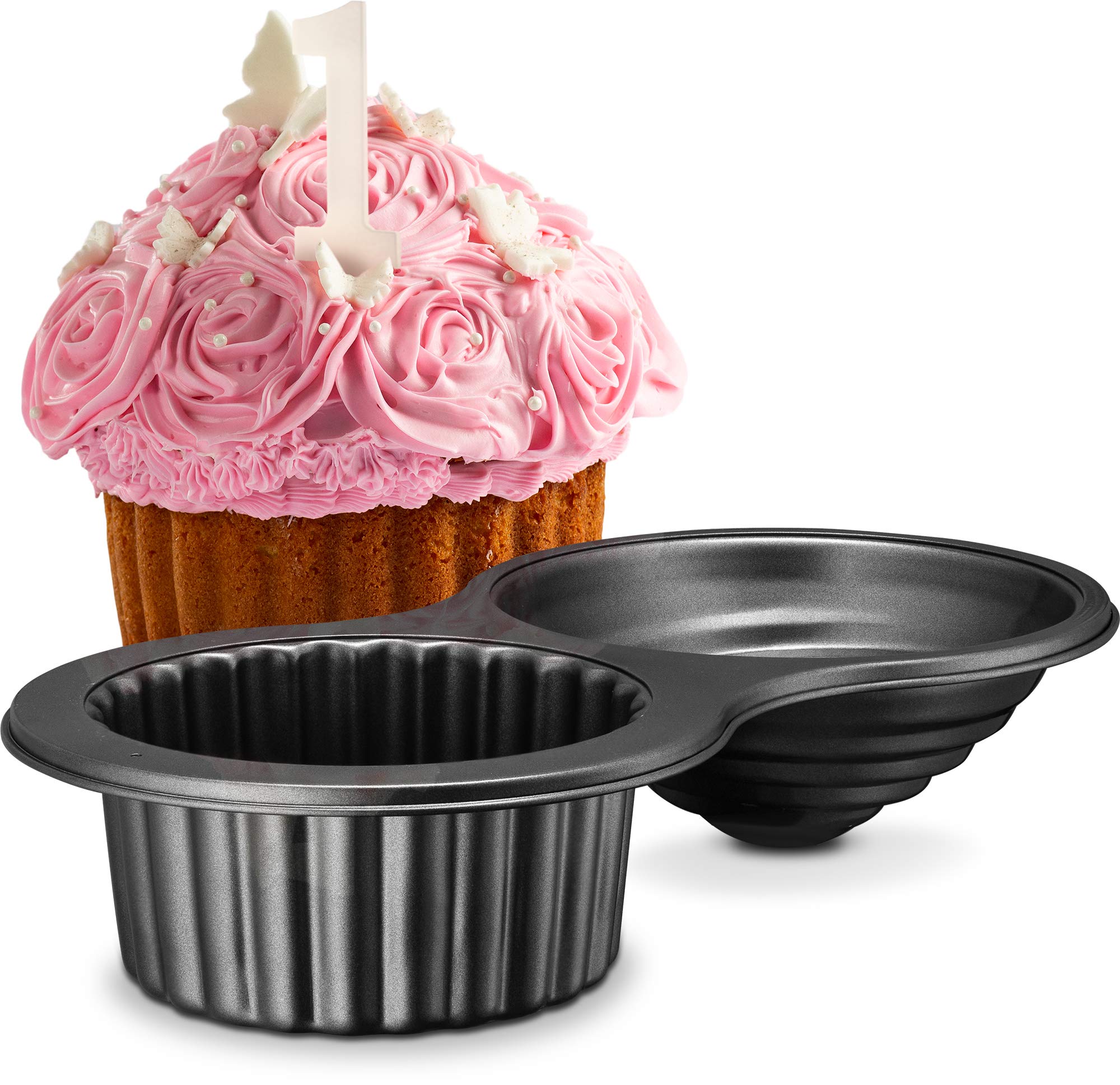 Gourmia GPA9395 Giant Cupcake Pan � Double Sided Two Half Design with Swirl Top Mold - Premium Steel Cake Maker with Non-Stick Coating � Dishwasher Safe - Very Good