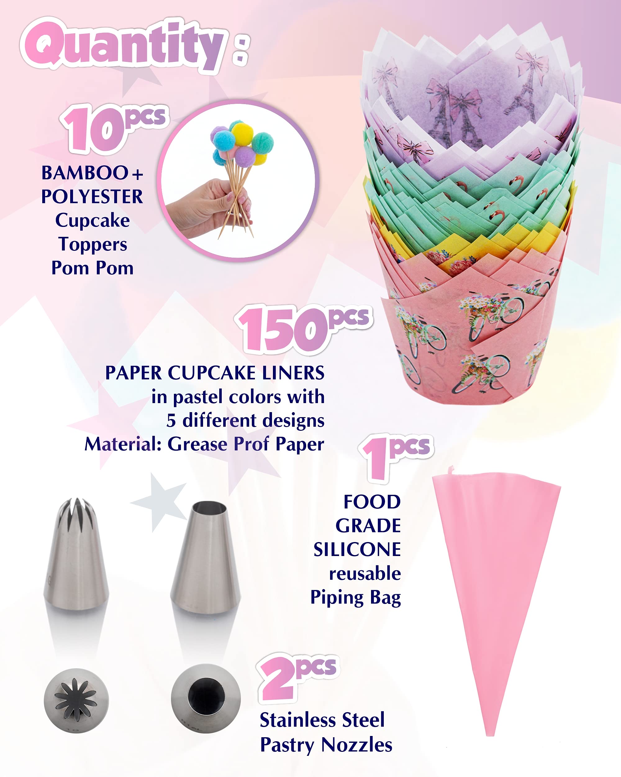 Man!fest Cuisine Tulip Cupcake Cup - 150 PCS Tulip Cupcake Liners Muffin Parchment Baking Cups Greaseproof Colorful Paper Wrapper Standard for Party Wedding Birthday Baby Shower Decorations Set - Like New