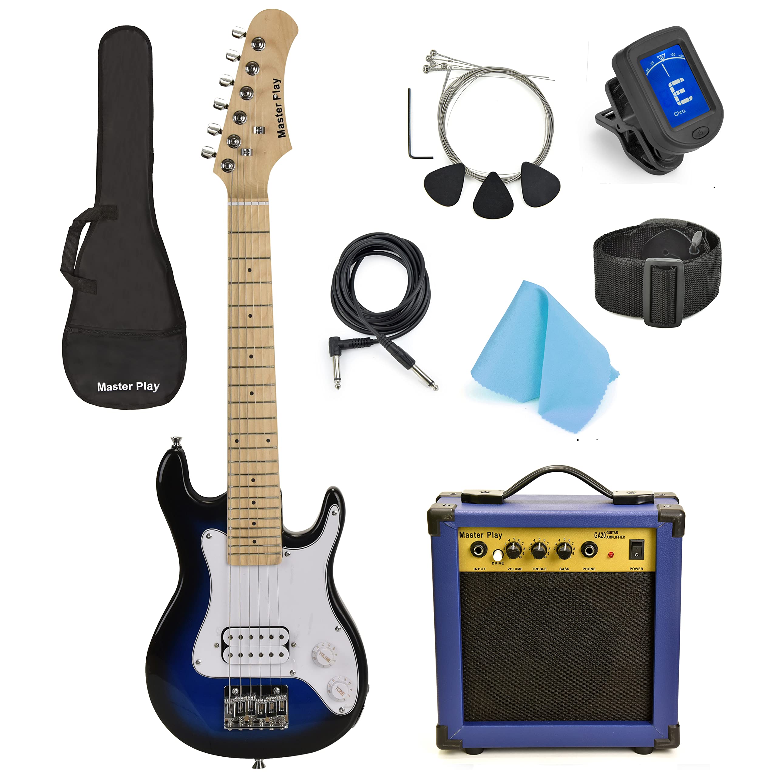Master Play 30 Inch Electric Guitar,For Kids/beginner With Complete Starter Kit, 20 Watt Amp, 6 Extra String, Picks, Gig Bag, Shoulder Strap, Digital tuner, Cable, Wash Cloth Blueburst - Acceptable