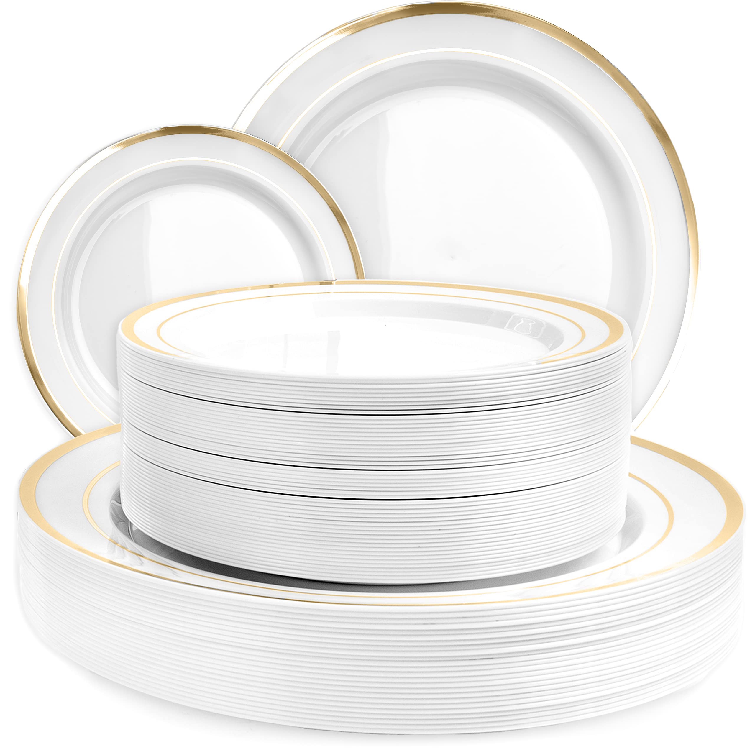Aya's Cutlery Kingdom 100 White Plastic Plates Disposable with Gold Trim, 50 Plastic Dinner Plates 10.25" + 50 Salad, Dessert, Appetizer Plates 7.5" - Premium Elegant Heavy-Duty Christmas Party Plate - Good