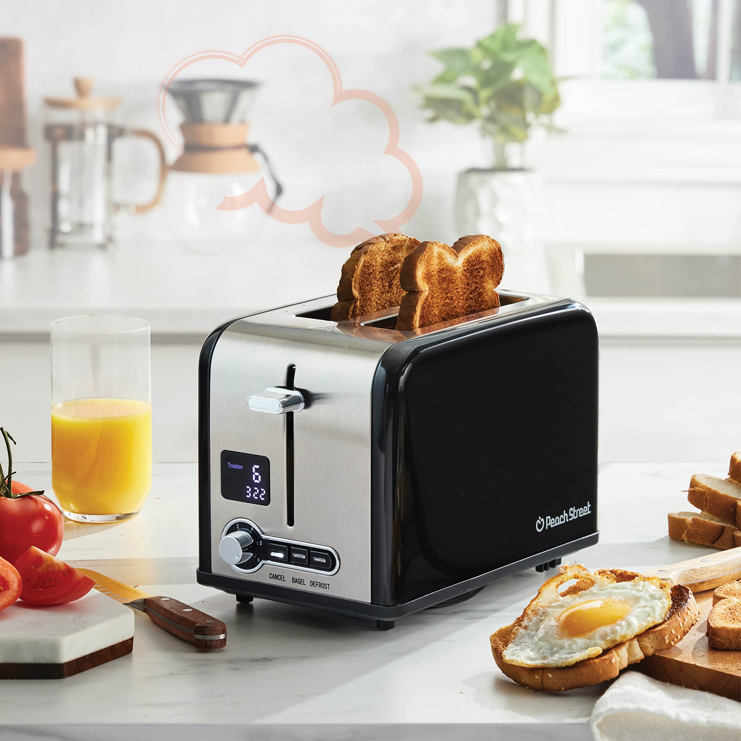 Peach Street Slice Toaster Compact Bread Toaster with Digital Countdown, Wide Slots, Auto-Pop Stainless Steel, 6 Browning Levels, Removable Crumb Tray, with Defrost, Bagel, and Cancel Function - Good