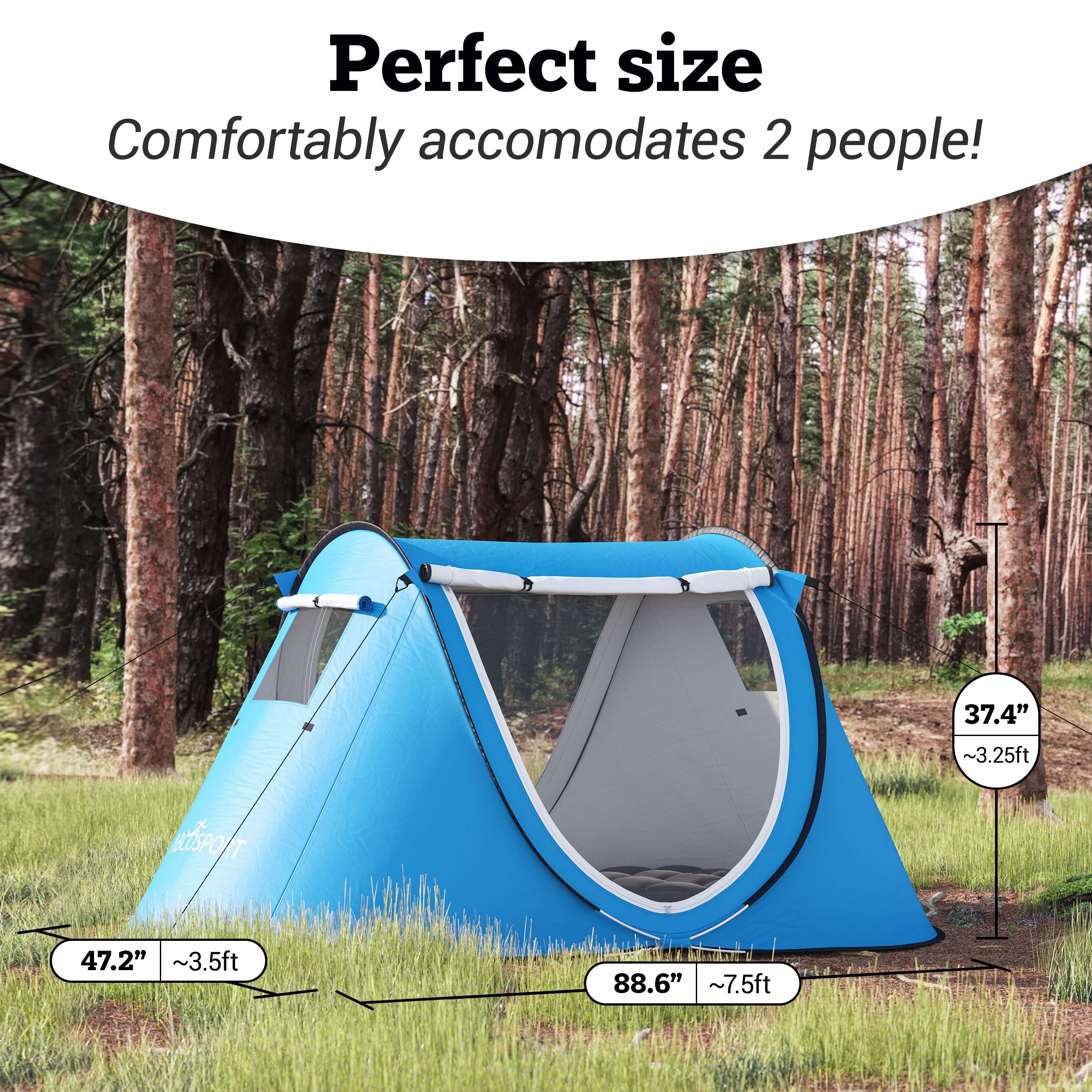 Abco 2-Person Pop Up Tent - Portable Cabana with 2 Doors, Water-Resistant and UV Protection, Carrying Bag - Sky Blue - Acceptable