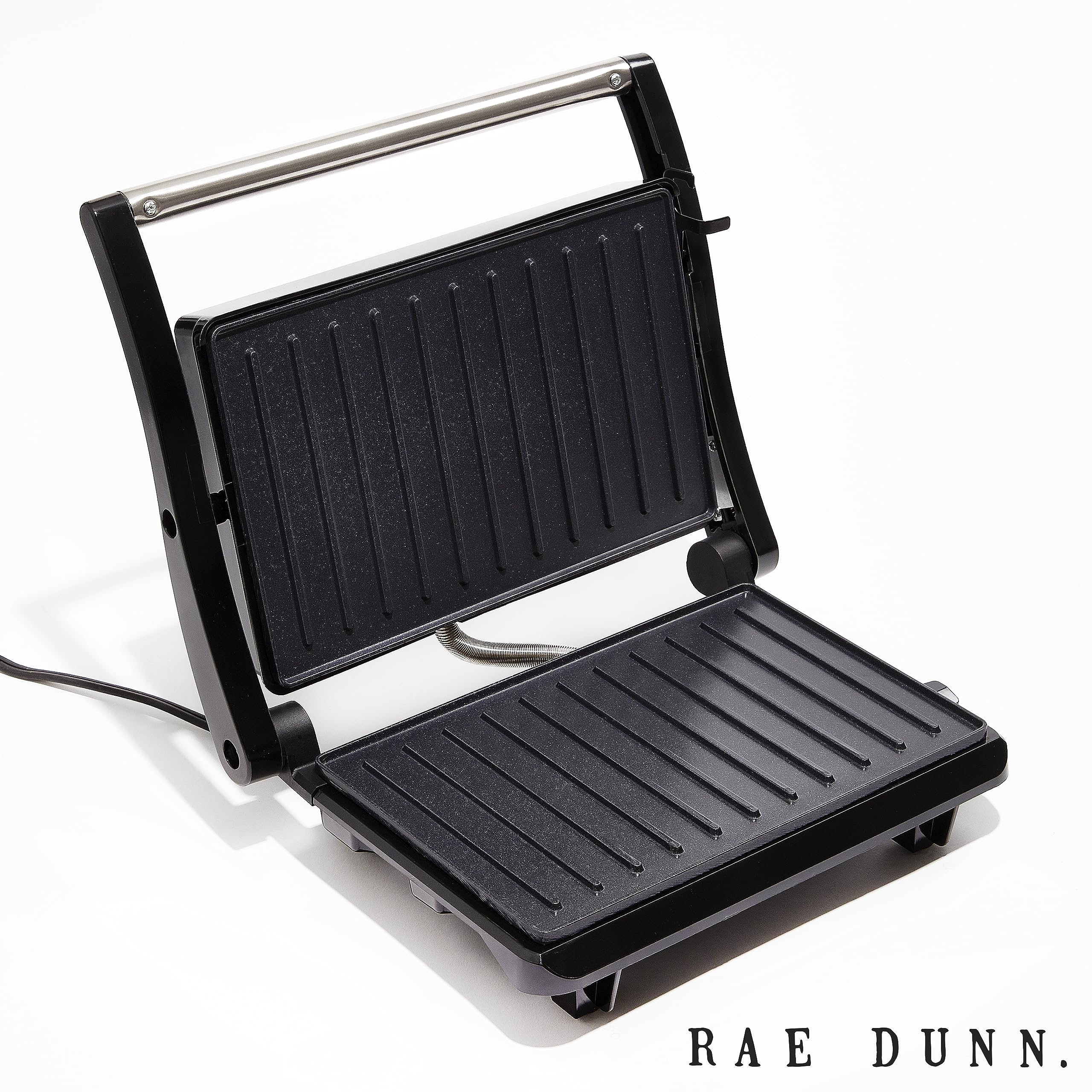 Rae Dunn Panini Maker - 750 Watt 2-Slice Press Grill with Indicator Lights | Opens 180 Degrees | Double Sided Heating | Non-stick Cooking | Cool Touch Handle | Easy to Clean, Black - Very Good