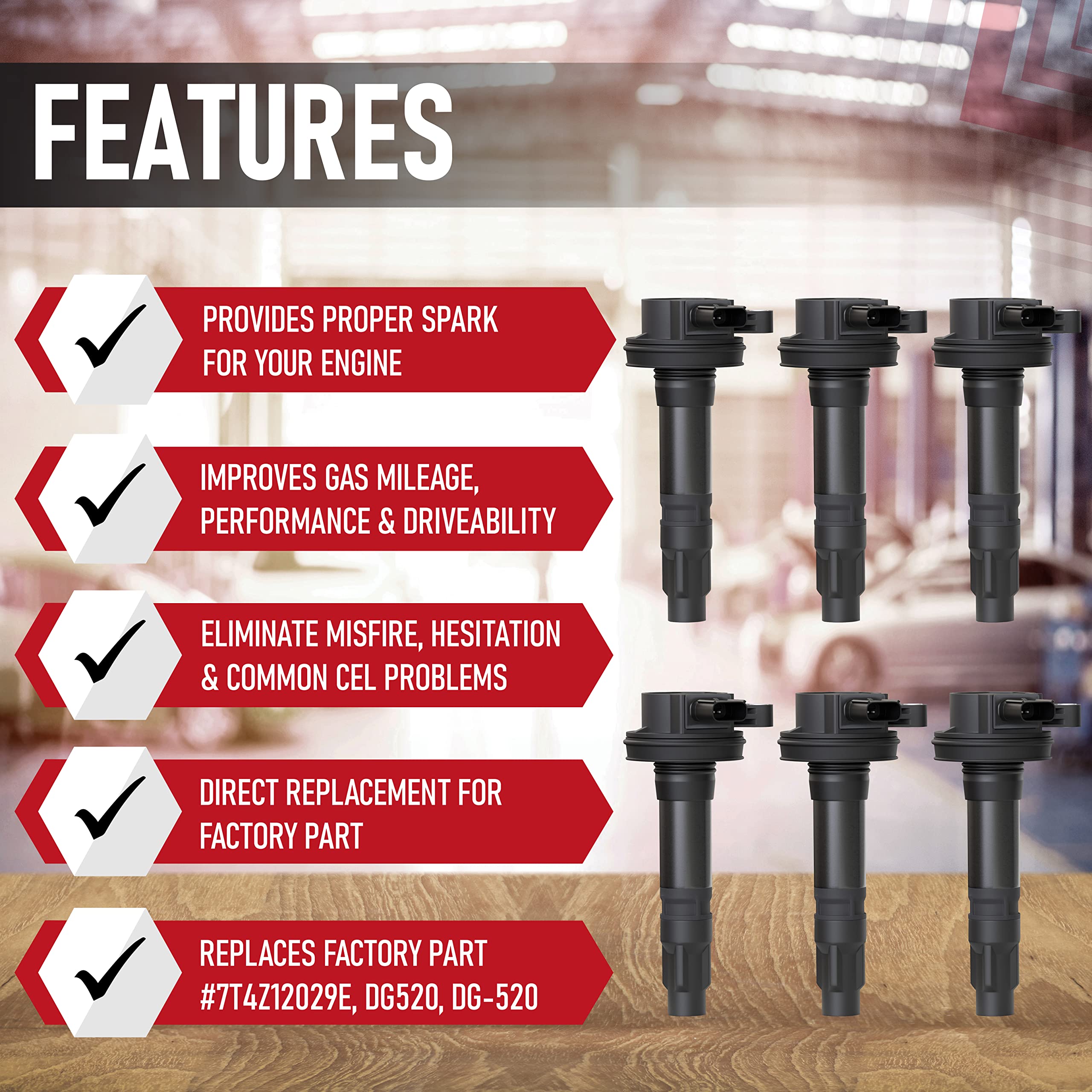 Ignition Coil Pack Set of 6 - Compatible with Ford, Mercury, Mazda & Lincoln Vehicles - 3.5L, 3.7L V6 Edge, F150, Explorer, Mustang, Taurus X, MKZ - Replaces 7T4E-12A375-EE, DG520, 7T4Z12029E, DG-520 - Very Good