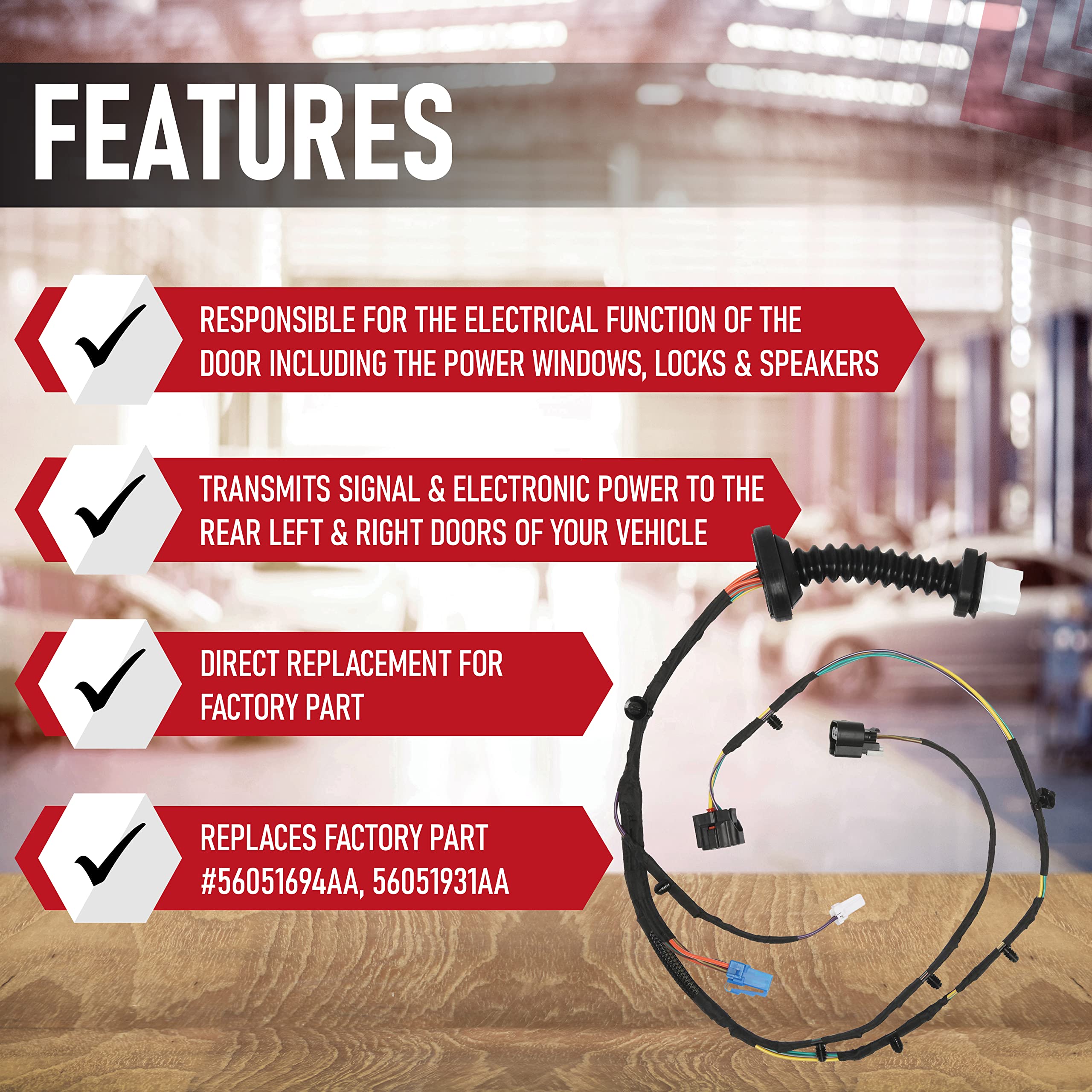 Replacement Rear Door Wiring Harness - Compatible with Dodge Vehicles 2004-2010 - Ram 1500, 2500, 3500, 4500, 5500 - Replaces 56051694AA, 56051931AA, 56051931AB, 645-506 - Door Harness with Connectors - Very Good