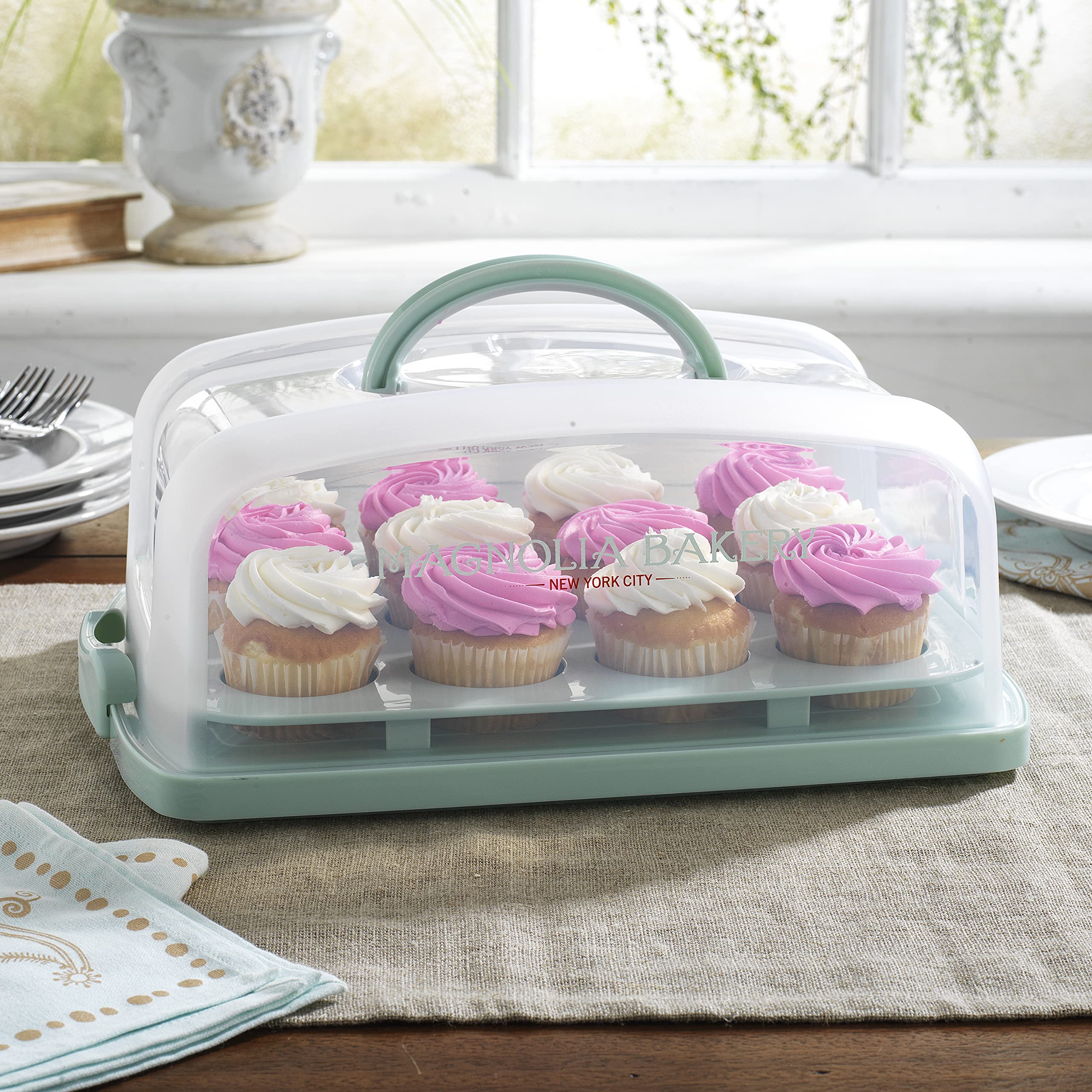 MosJos 2in1 Cupcake Carrier and Cake Keeper with Lid, Cupcake Box to Fit 12, Sturdy, BPA-Free Cupcake Holder with Two Secure Side Closures, Dishwasher Safe - Acceptable