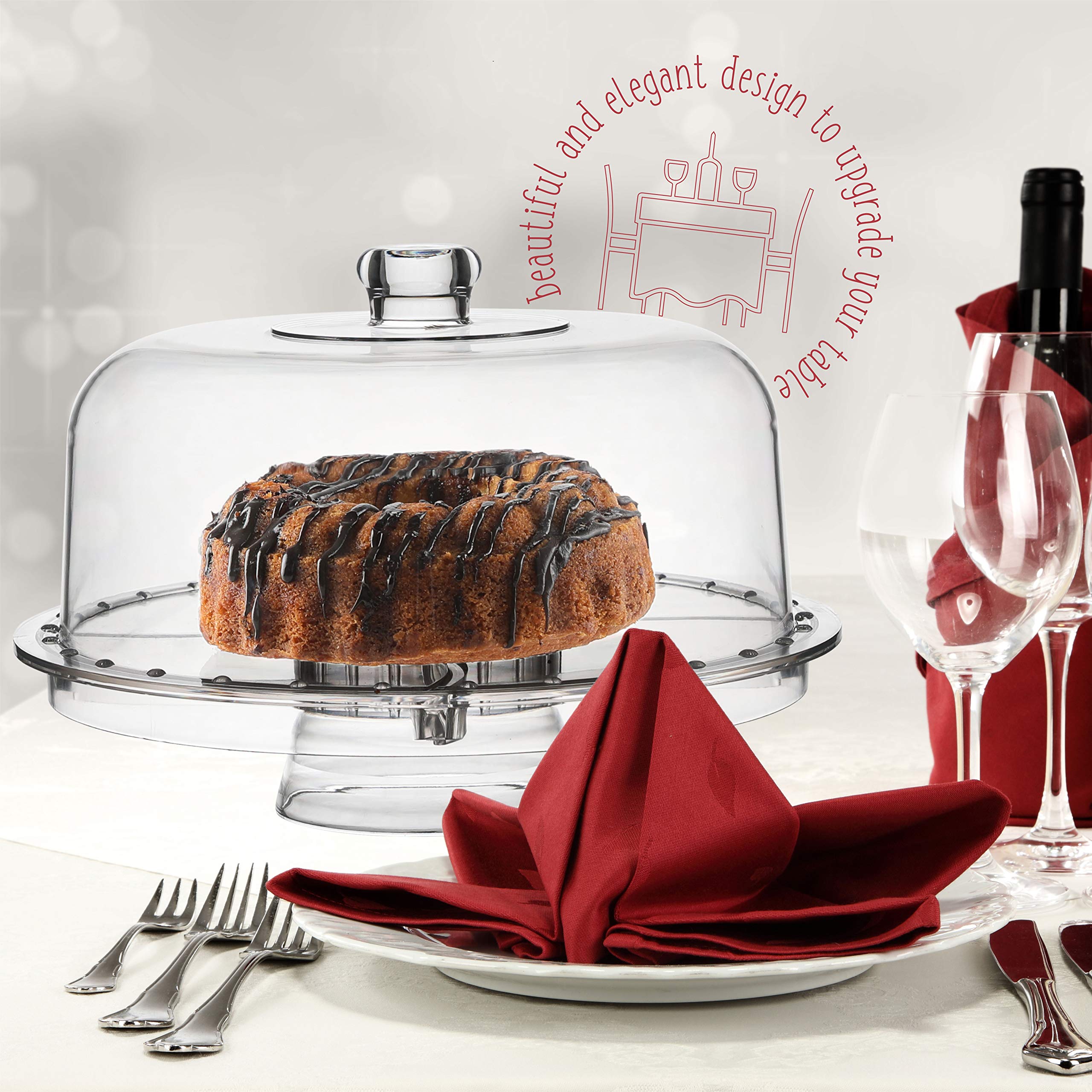 Homeries Acrylic Cake Stand with Dome Cover (6 in 1) Multi-Functional Serving Platter and Cake Plate - Use as Cake Holder, Salad Bowl, Platter, Punch Bowl, Desert Platter, Nachos & Salsa Plate, - Good