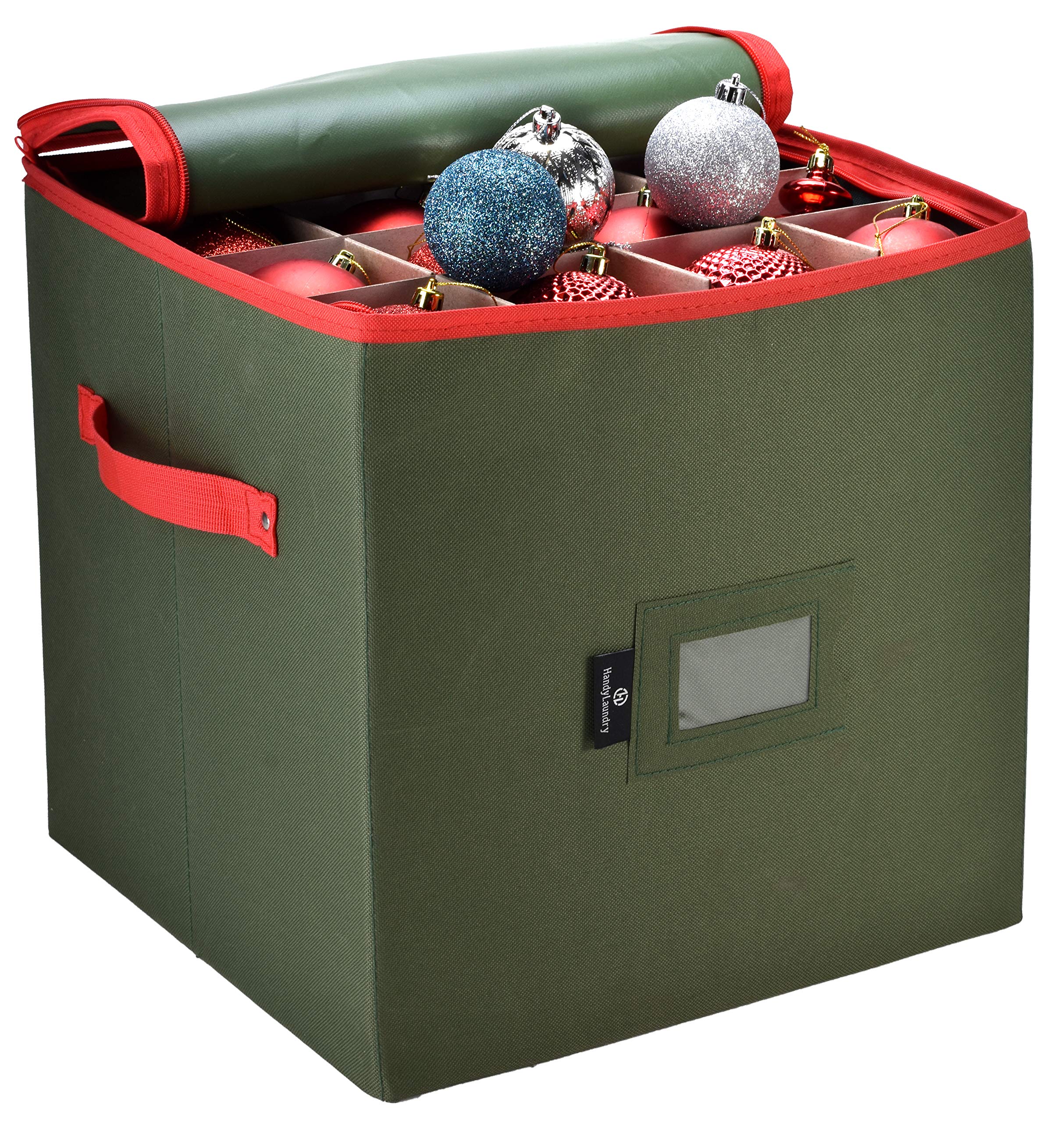 Christmas Ornament Storage - Stores up to 64 Holiday Ornaments, Adjustable Dividers, Covered Top, Two Handles. Attractive Storage Box Keeps Holiday Decorations Clean and Dry for Next Season. - Like New