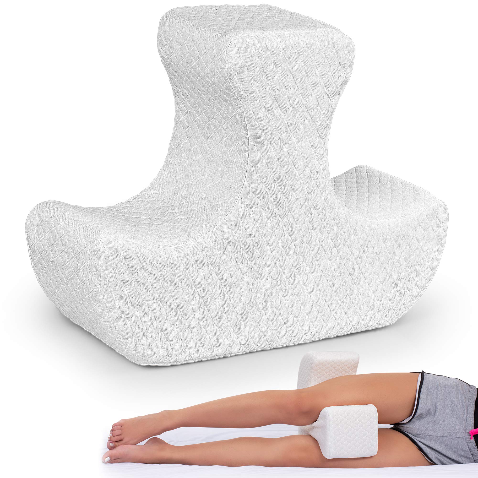 Leg Support Memory Foam Pillow For Sleeping - Unique Patented Design - Combines Function of Knee Pillow & Half Moon Bolster Leg Pillow - Self Adjusting - No Straps Needed - Comfortable and Convenient - Acceptable