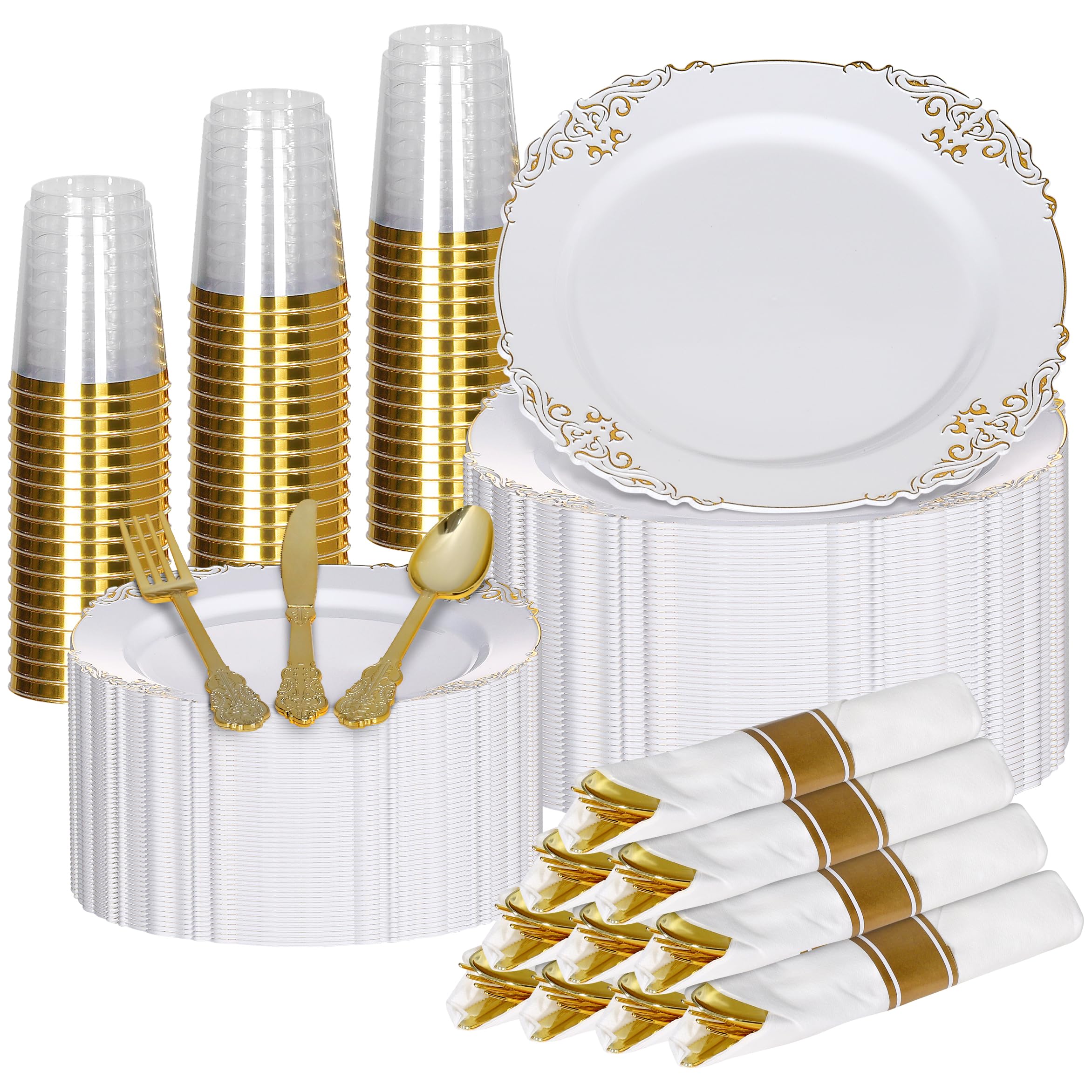 Zulzzy 350 PCS White and Gold Plastic Plates Vintage Design - Includes 50 Dinner Plates, 50 Dessert Plates, 50 Napkins, 50 Cups & Gold Silverware. Ideal for Weddings, Parties & Events. - Like New