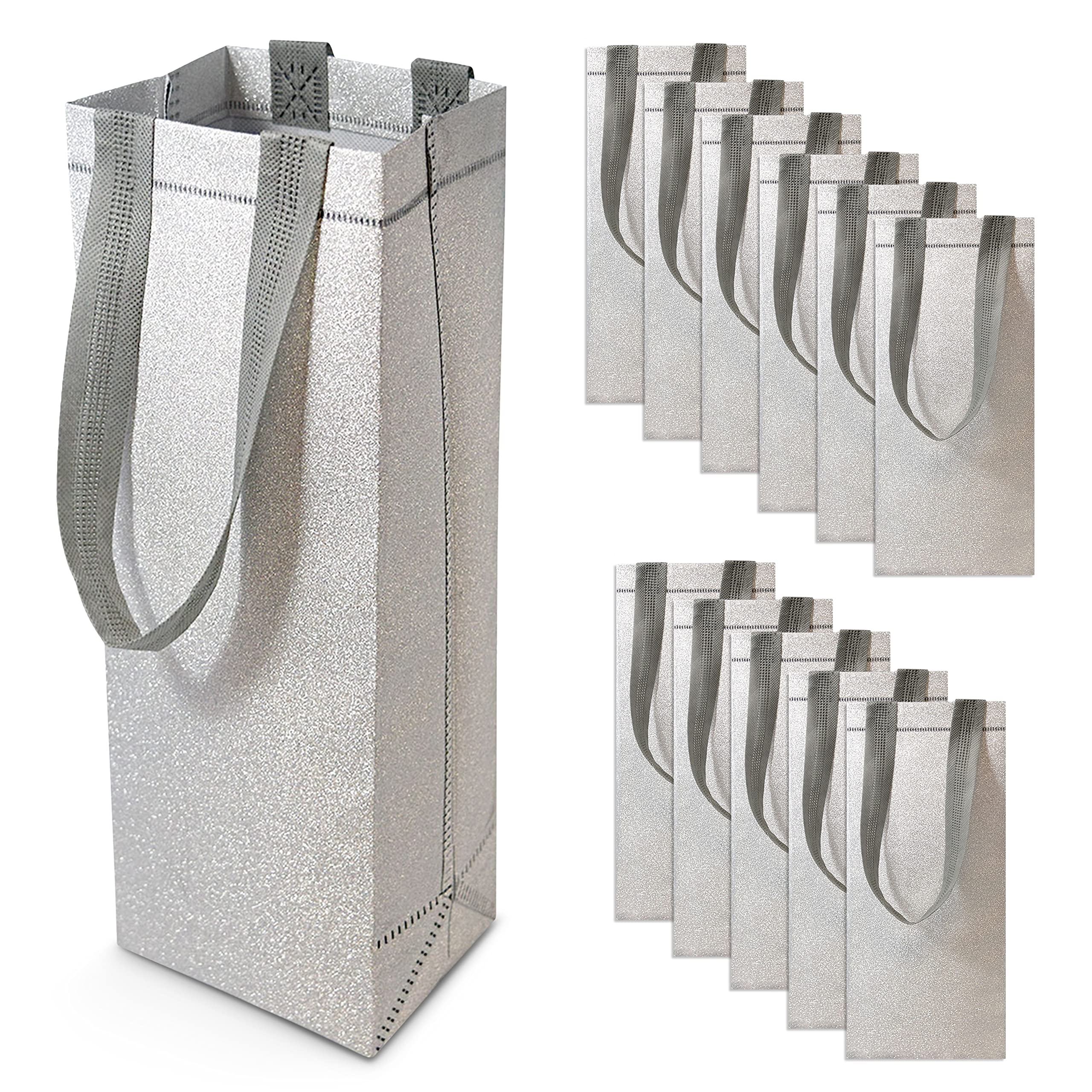 OccasionALL 5x4x14 12 Piece Large Wine Gift Bags with Handles, Silver Reusable Wine Bags, Bottle Box, Christmas Bottle Bags for Alcohol Champagne Wine - Like New