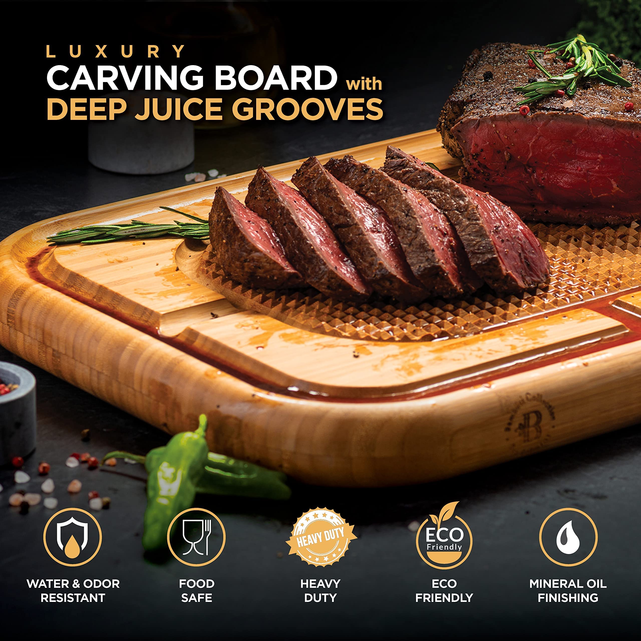 Cutting Board for Meat - Bamboo Butcher Block with Juice Groove - Large Wooden Kitchen Cutting Board with Pyramid Design to Stabilize Meat - Reversible Serving Tray and Chopping Board for Countertop - Like New