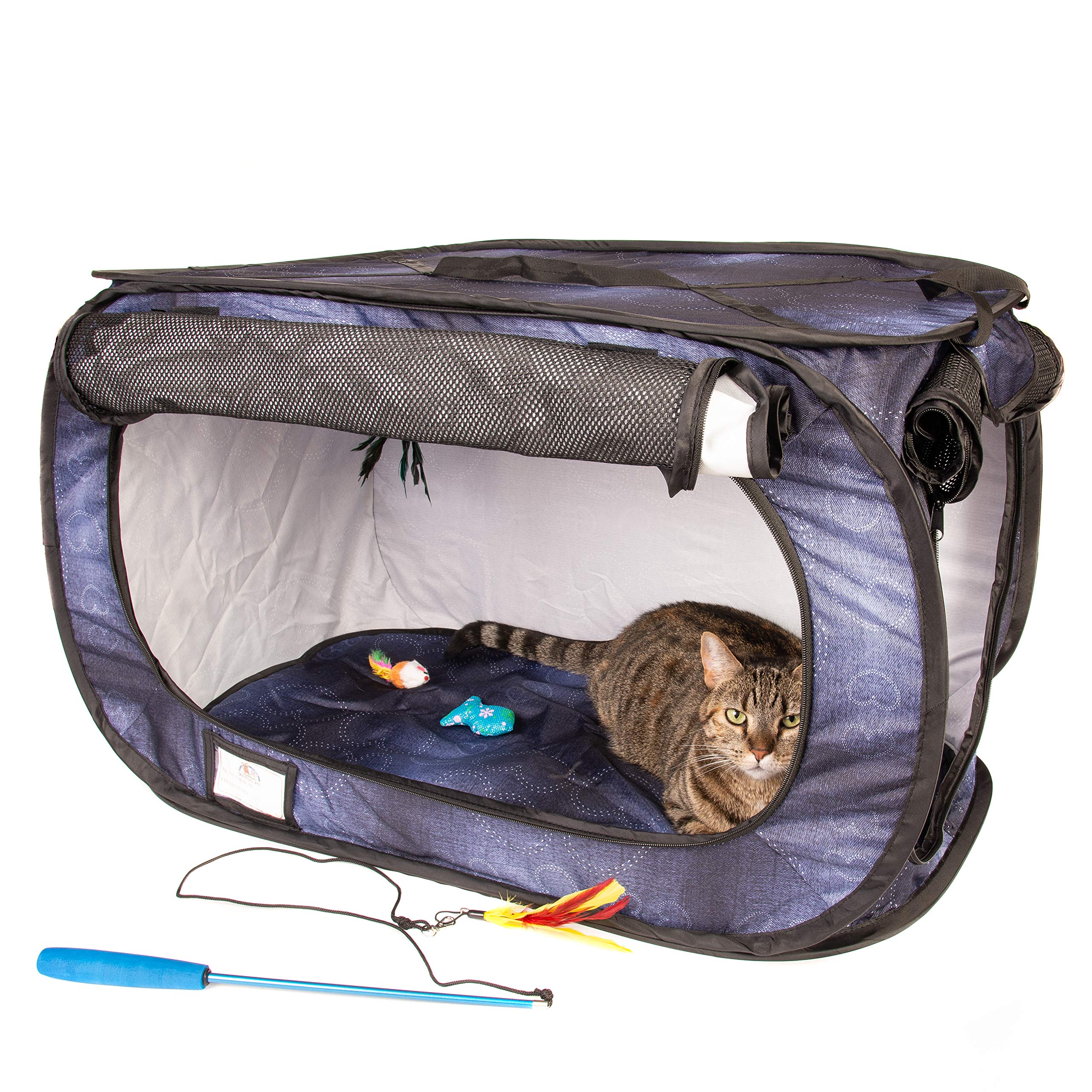 CHEERING PET, Cat Cage, Portable Stress Free Cat Condo, Hanging Feather Teaser and Ball, Carrying Bag, Extra Large 32" X 19" X 19"  - Like New