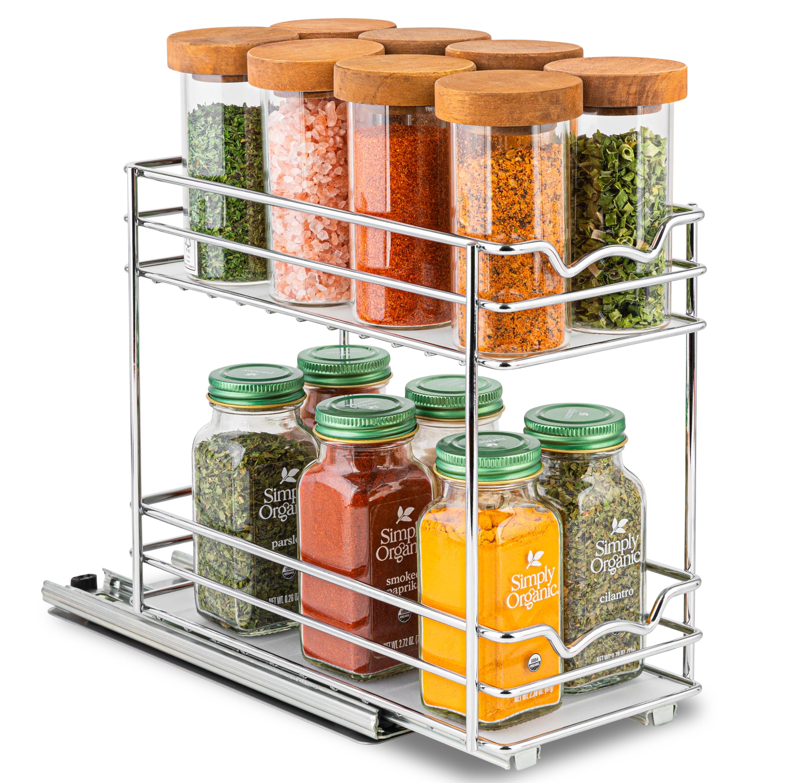 HOLD N' STORAGE Premium Pull-Out Spice Rack - 4.5"W x 10"D - Anti-Rust Chrome Finish - Heavy Duty with 5-Year Limited Warranty- Fits 2 Rows of Standard Spice Jars - Like New