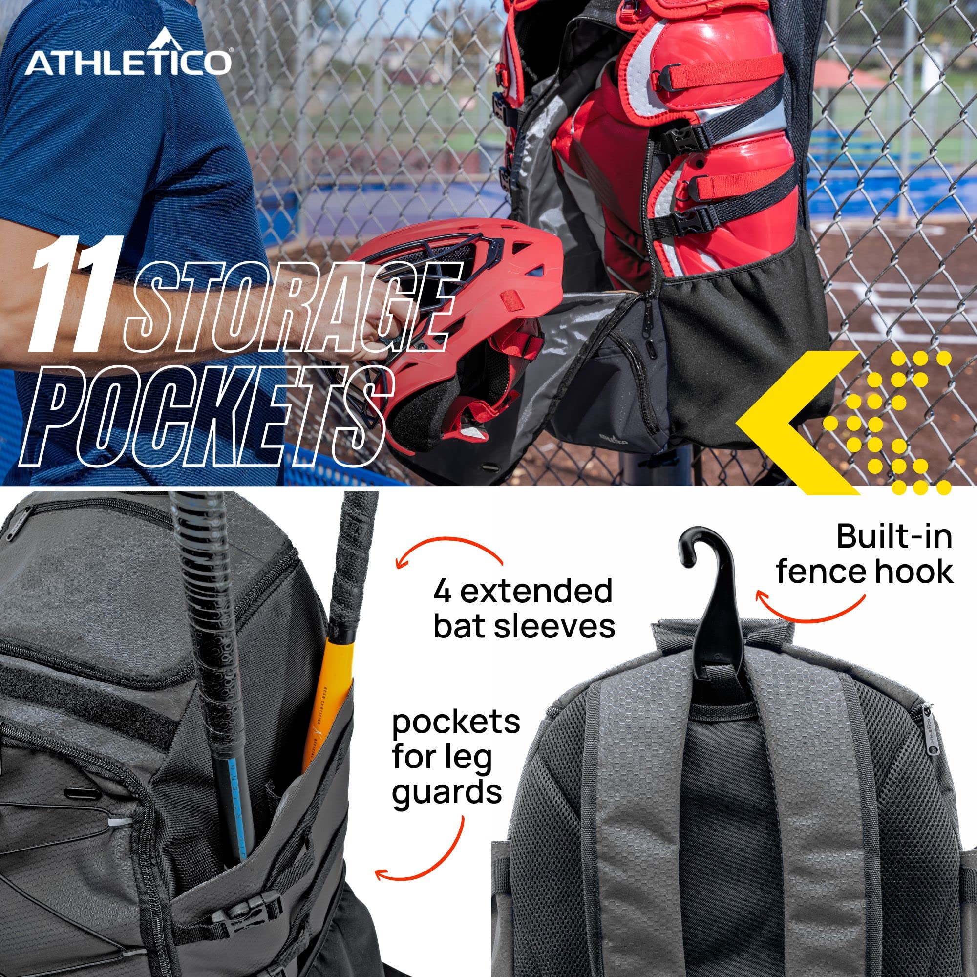Athletico Dominator Baseball Bag - Softball Bat Bag with Shoes Compartment for Youth, Boys and Adult, Lightweight Baseball Bag with Fence Hook Hold TBall Bat, Batting Mitten, Helmet, Caps, Teeball Gear  - Good