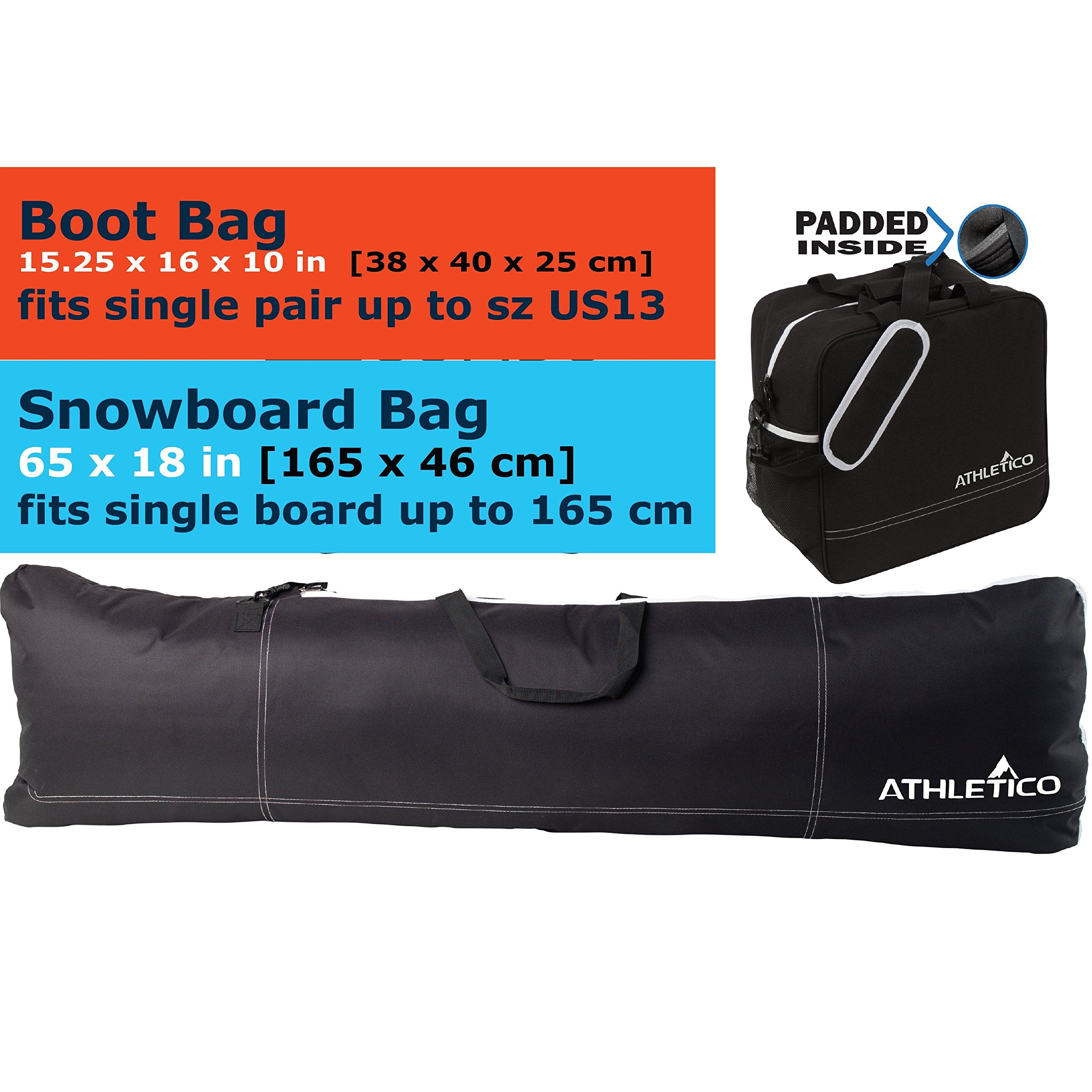 Athletico Padded Two-Piece Snowboard and Boot Bag Combo | Store & Transport Snowboard Up to 165 CM and Boots Up To Size 13 | Includes 1 Padded Snowboard Bag & 1 Padded Boot Bag - Like New