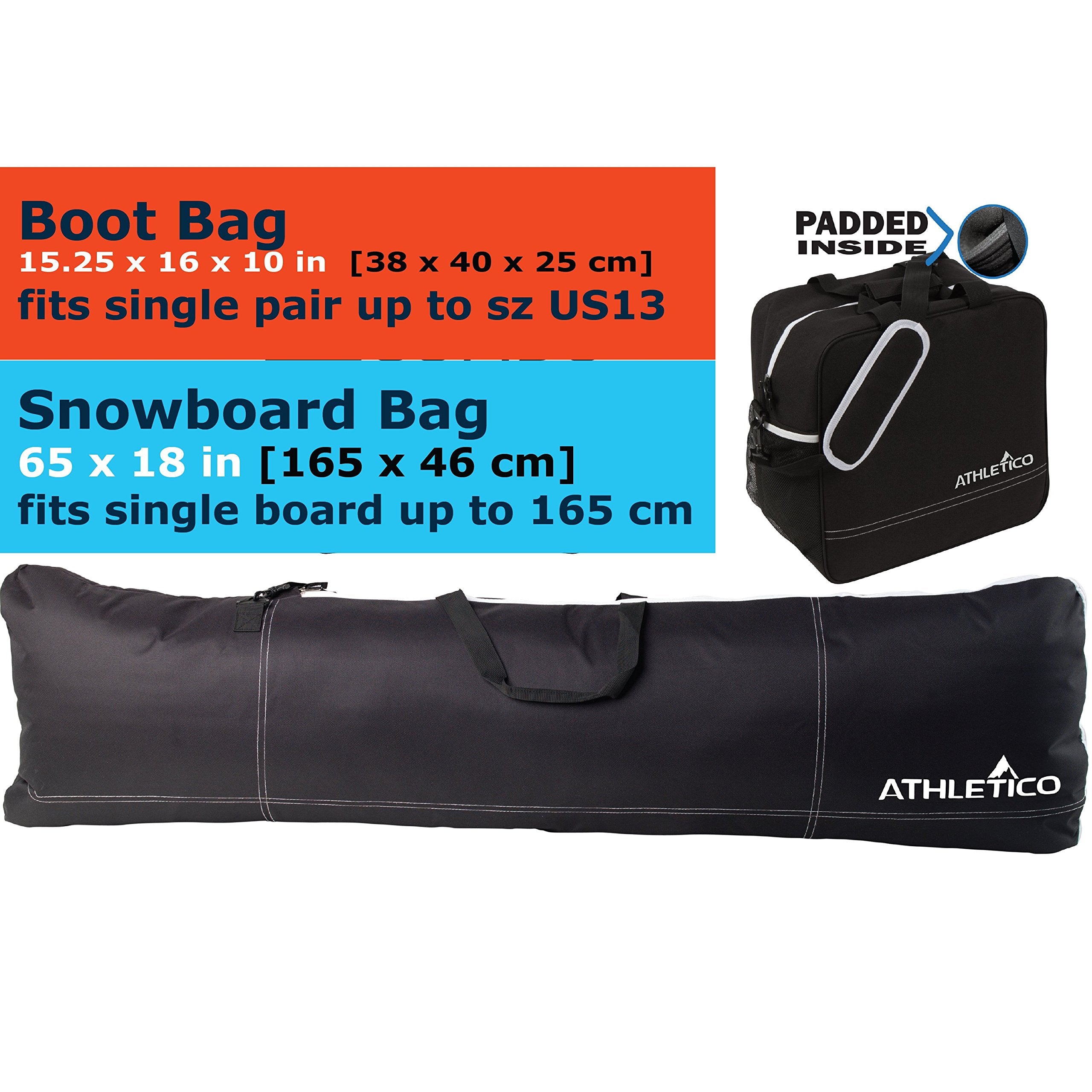 Athletico Padded Two-Piece Snowboard and Boot Bag Combo | Store & Transport Snowboard Up to 165 CM and Boots Up To Size 13 | Includes 1 Padded Snowboard Bag & 1 Padded Boot Bag  - Like New