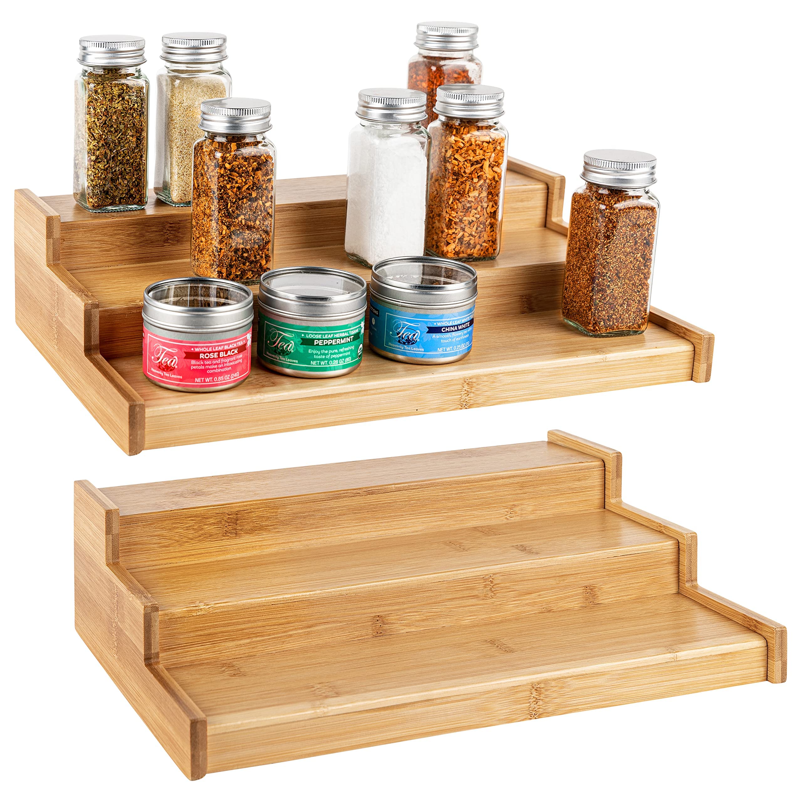 Homeries Bamboo Spice Rack organizer 3-Tier Non-Skid for Pantry Cabinet or Countertop, Waterproof, For Spice Bottles, Jars, Seasonings, Baking Supplies (2 Pack) - Very Good
