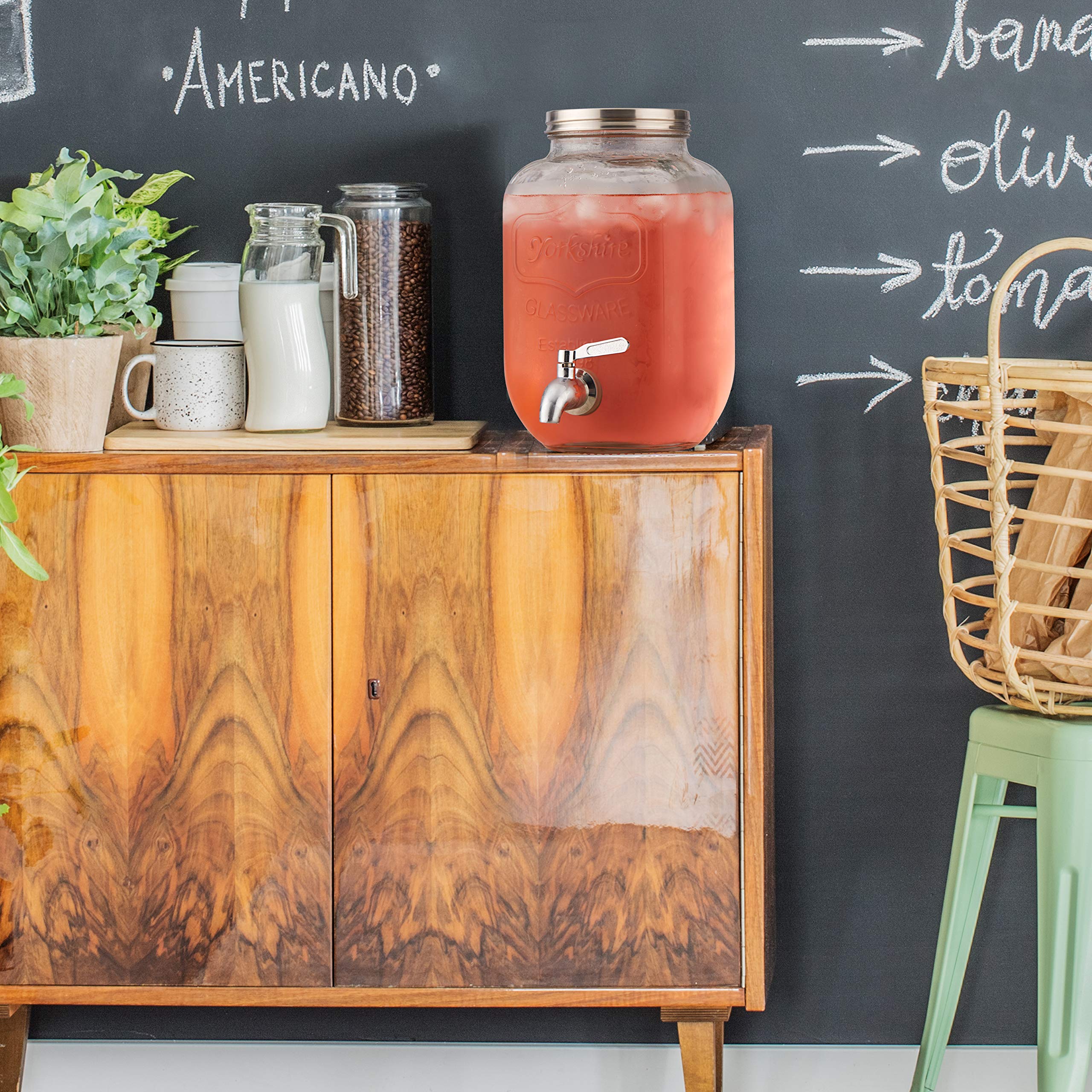 1 Gallon Glass Beverage Drink Dispenser with Metal Spigot - Yorkshire Mason Jar Glassware Wide Mouth Metal Lid Stainless Steel Spigot- Sun Tea, Iced Tea, Kombucha Fermenting, Juice, Beer, Wine, Liquor - Like New