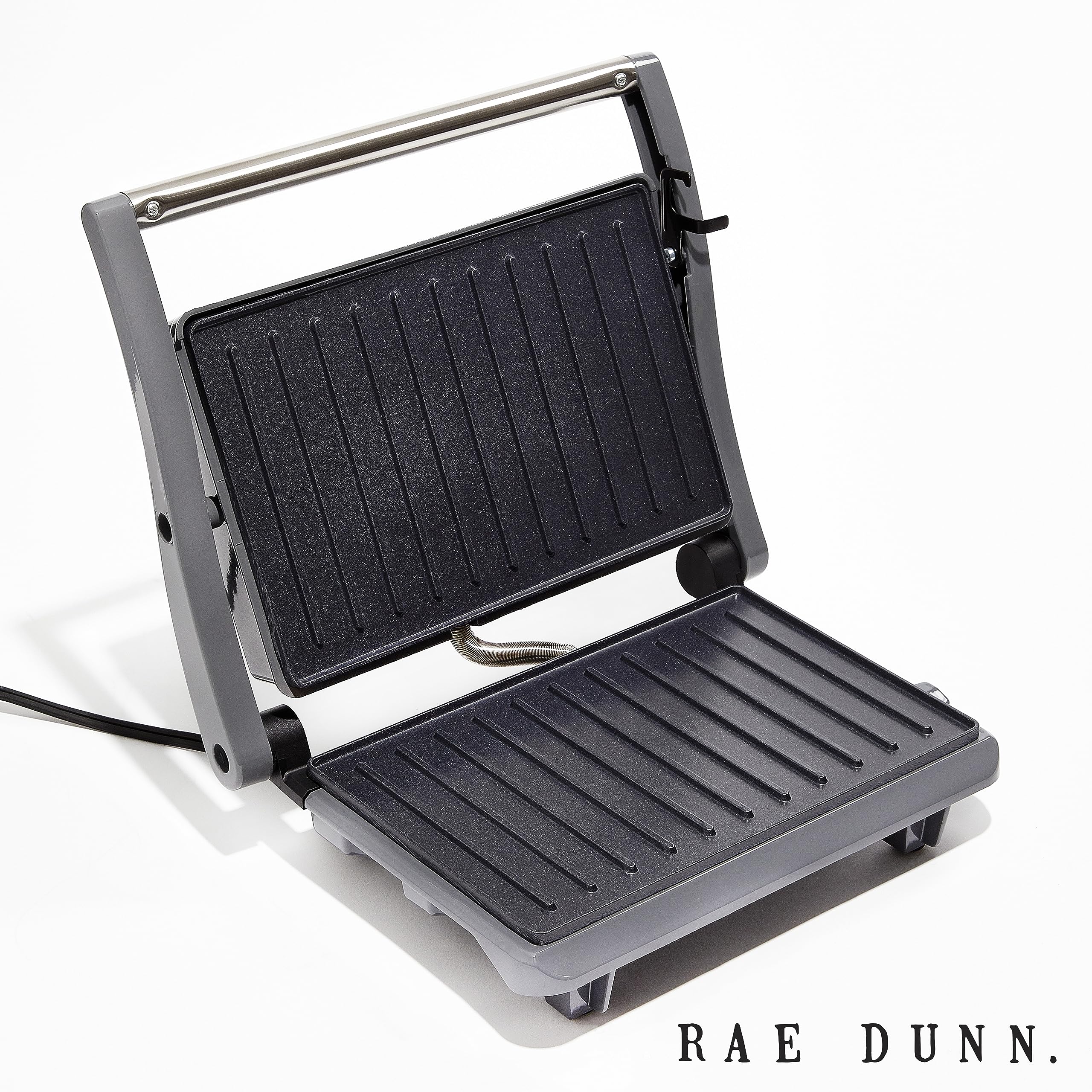 Rae Dunn Panini Maker - 750 Watt 2-Slice Press Grill with Indicator Lights | Opens 180 Degrees | Double Sided Heating | Non-stick Cooking | Cool Touch Handle | Easy to Clean, Grey - Very Good