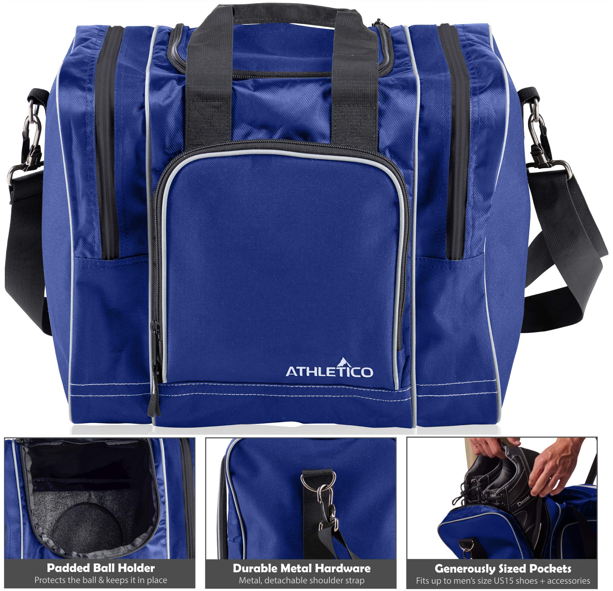 Athletico Bowling Bag for Single Ball - Single Ball Tote Bag With Padded Ball Holder - Fits a Single Pair of Bowling Shoes Up to Mens Size 14 (Blue)  - Like New