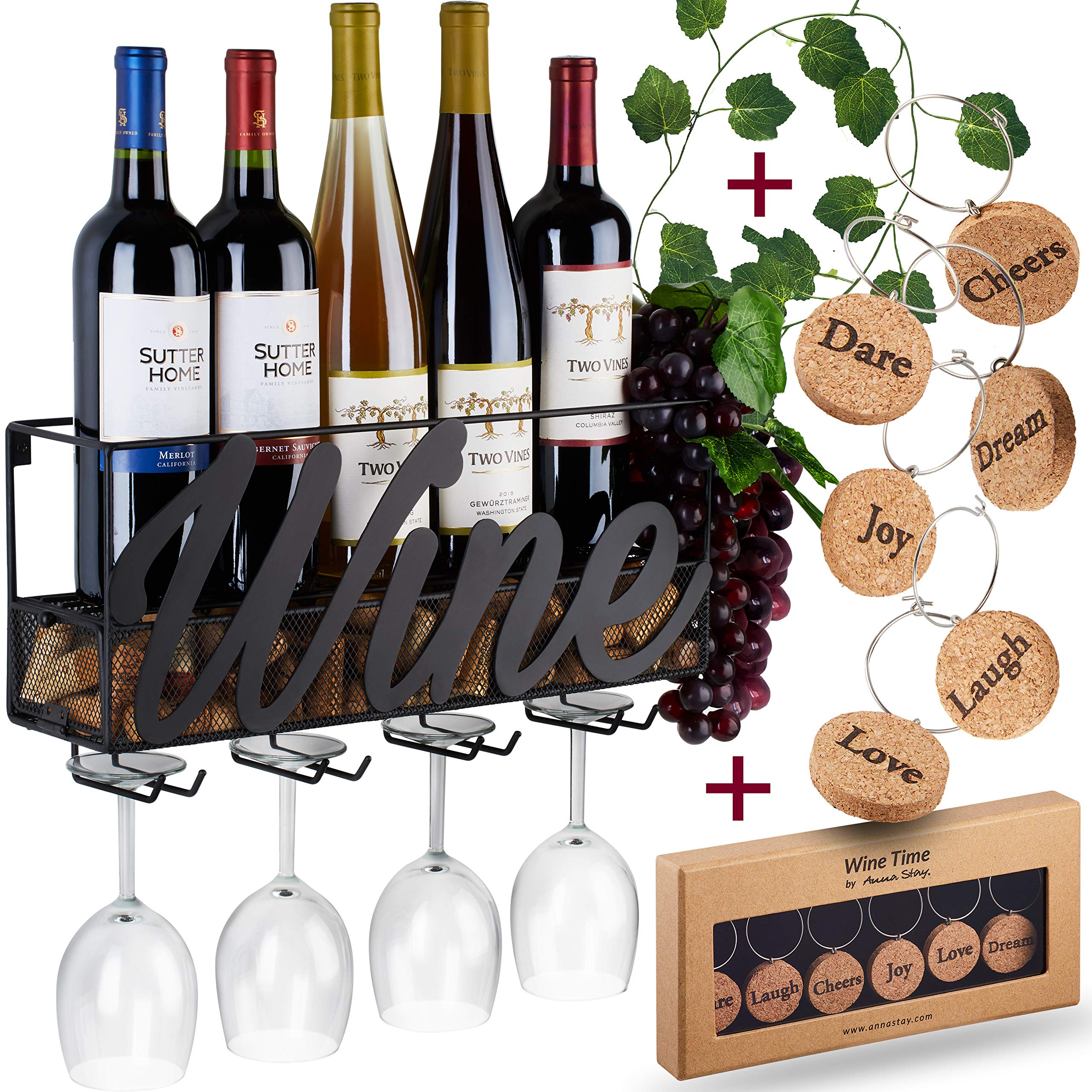 Anna Stay Wine Rack Wall Mounted - Decorative Wine Rack with Wine Glass Holder, Wall Mounted Wine Rack inc Cork Storage & Wine Charms, Wine Gifts with Wine Bottle Holder for Wine Decor - Like New