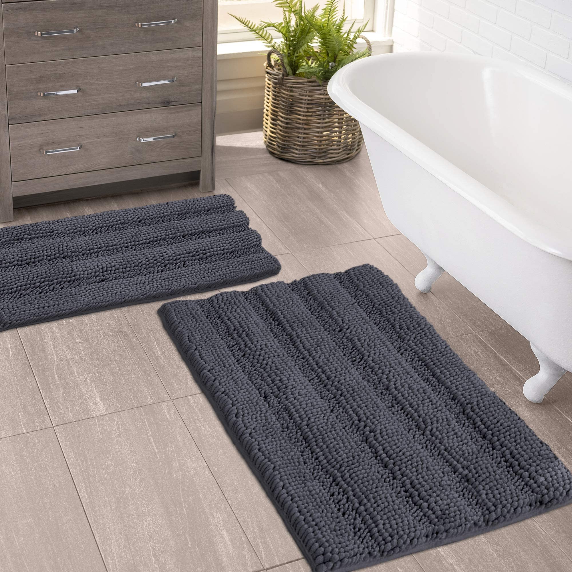 Zebrux Non Slip Thick Shaggy Chenille Bathroom Rugs, Bath Mats for Bathroom Extra Soft and Absorbent - Striped Bath Rugs Set for Indoor/Kitchen - Good
