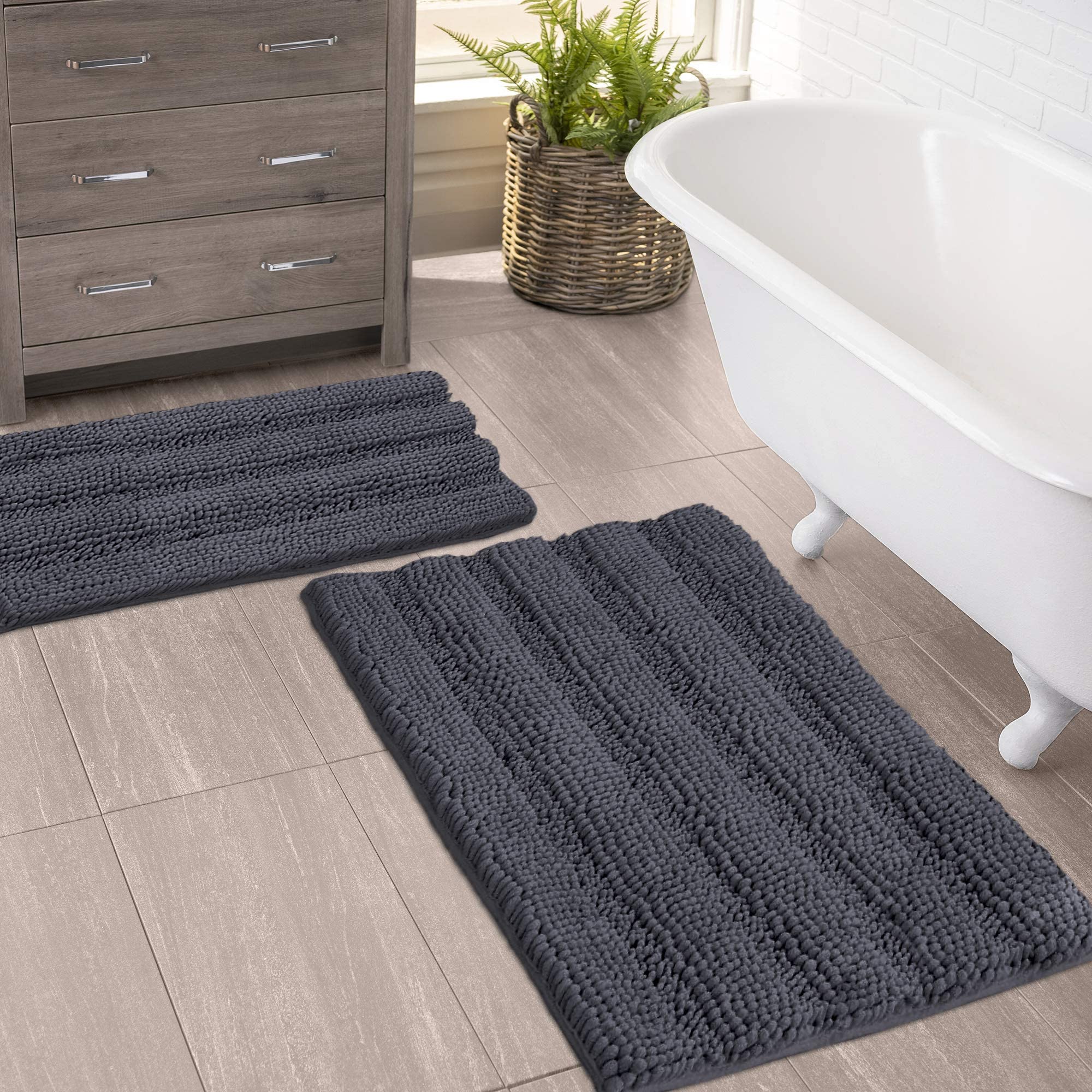Zebrux Non Slip Thick Shaggy Chenille Bathroom Rugs, Bath Mats for Bathroom Extra Soft and Absorbent - Striped Bath Rugs Set for Indoor/Kitchen  - Good