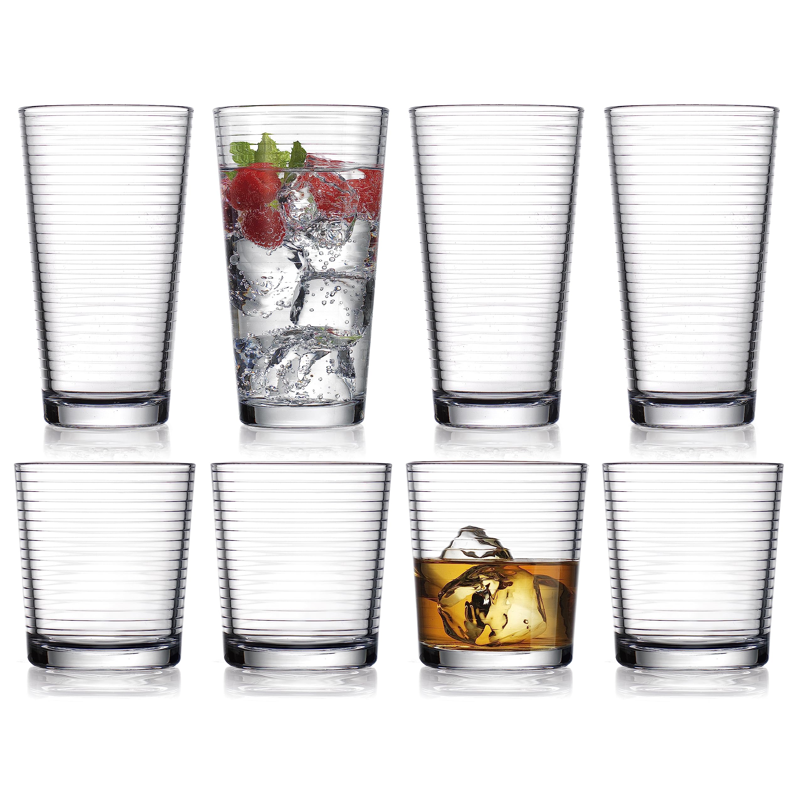 Glaver's Drinking Glasses, Ribbed Designs, Ideal for Water, Juice, Cocktails, and Iced Tea. Dishwasher safe - Like New