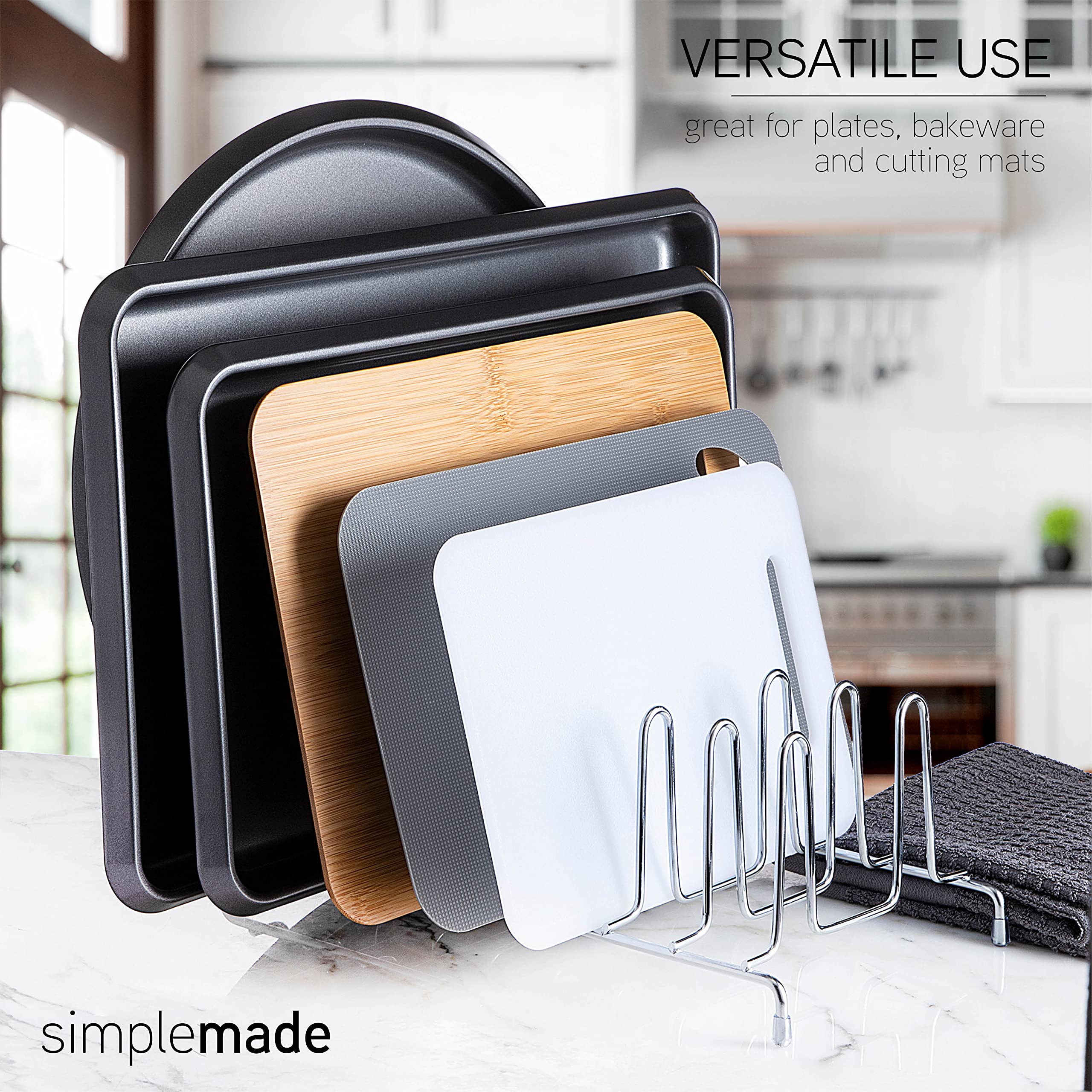 SIMPLEMADE Kitchen Dish Rack Organizer - 2 Wire Metal Cabinet Organizers and Storage Rack for Plates, Dishes, Pots, Pot Lids, Pan Lids, Container Lids - Shelf, Counter & Pantry Organization (Chrome) - Like New