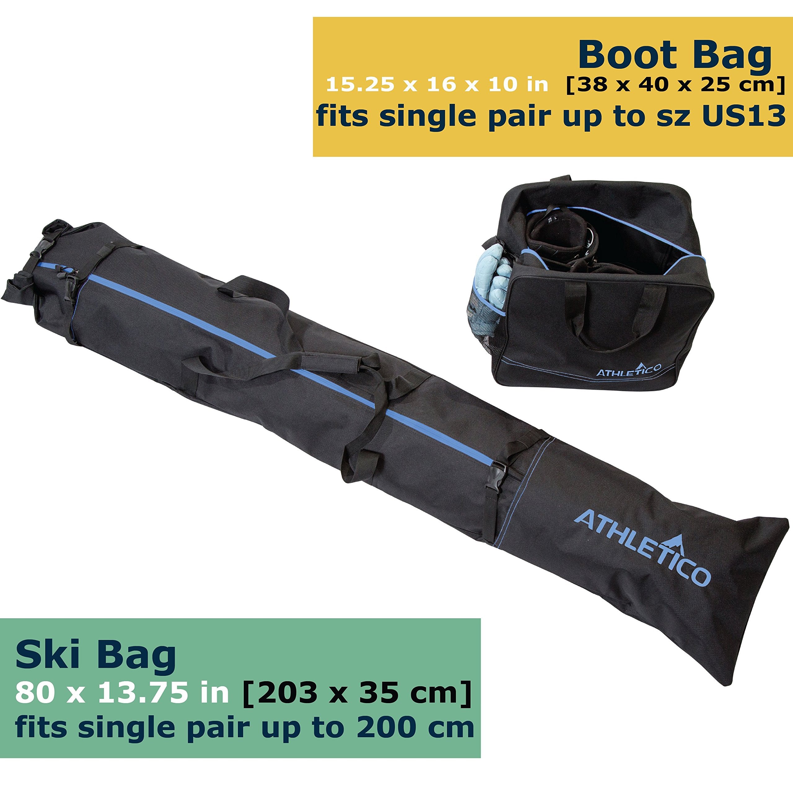 Athletico Ski Bag and Ski Boot Bag Combo - Ski Bags for Air Travel - Unpadded Snow Ski Bags Fit Skis Up to 200cm - For Men, Women, Adults, and Children  - Good