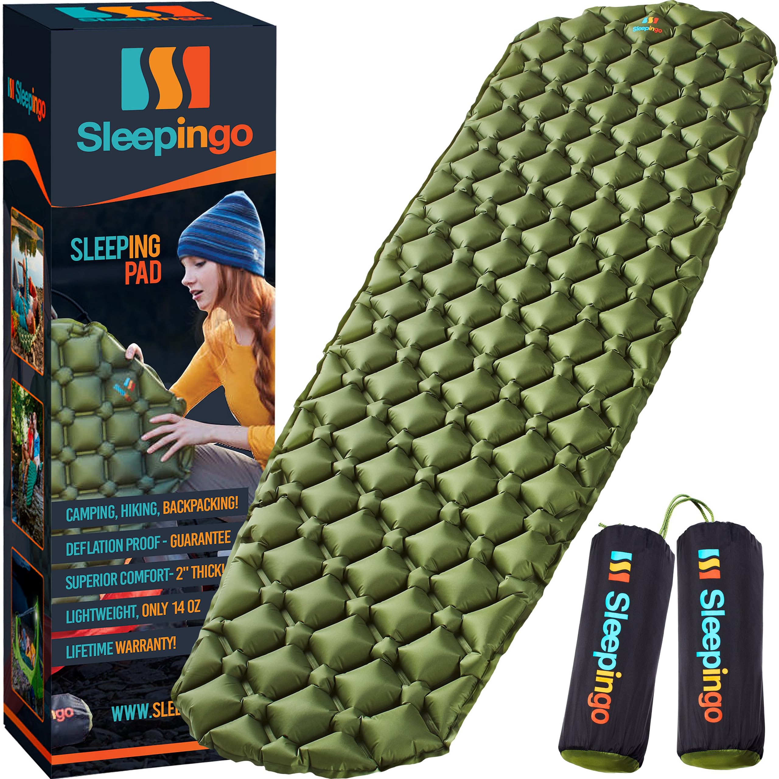 Sleepingo Large Sleeping Pad for Camping - Ultralight Sleeping Mat for Camping, Backpacking, Hiking - Lightweight, Inflatable & Compact Camping Air Mattress - Backpacking Sleeping Pad - Sleep Pad, 2pk - Like New