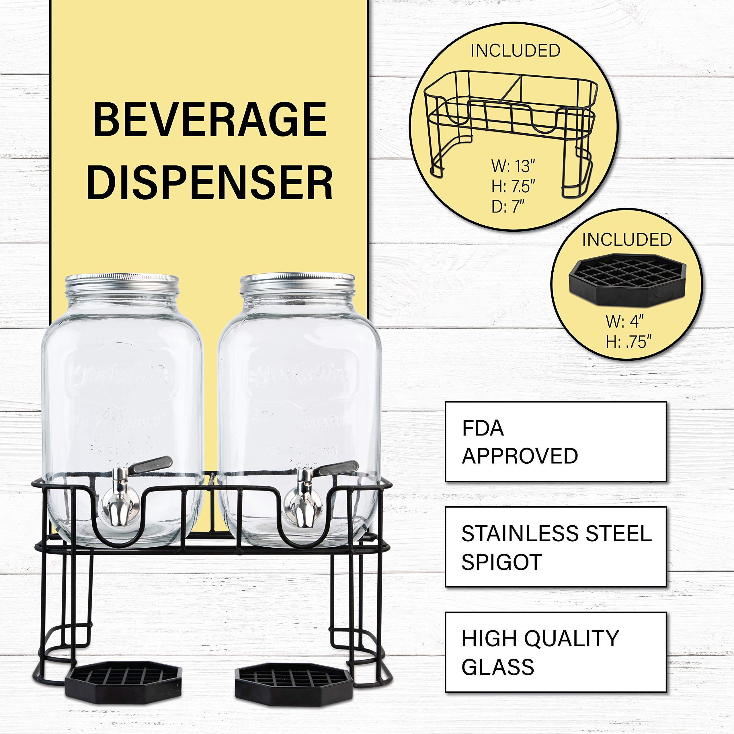 Dual Gallon Glass Beverage Dispensers with Metal Stand, Stainless Steel Spigot, Metal Lid and Drip Trays- Gallon Glass Yorkshire Mason Container for Kombucha Fermenting, Iced Tea and more - Like New