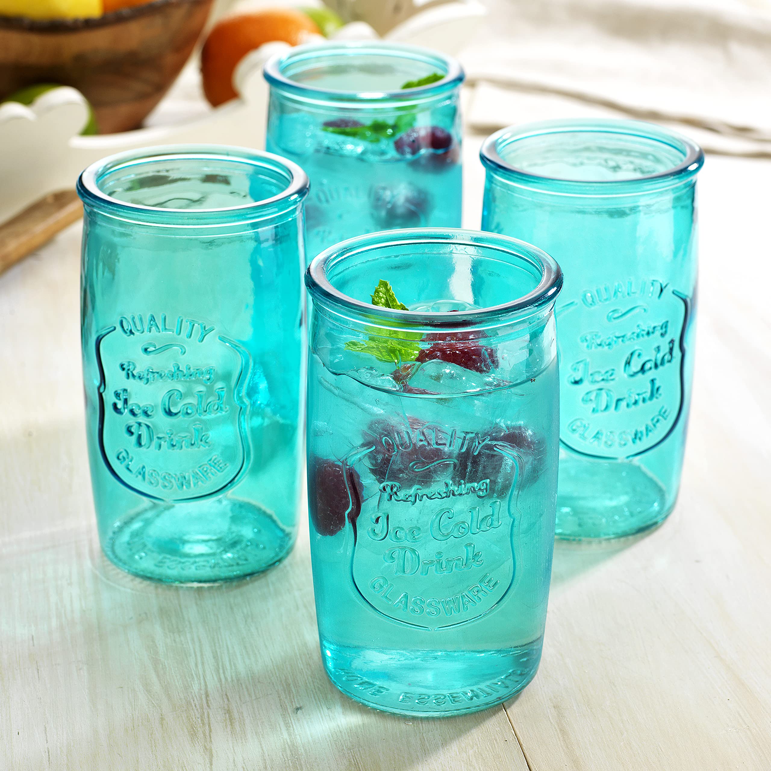 Glaver's Highball Glasses Set of 4 � 20oz Artistic Ice-Cold Pretty Blue � Vintage Glassware with Embossed Logo � Beverage Drinking Glasses for Water, Juice, Cocktails. - Acceptable