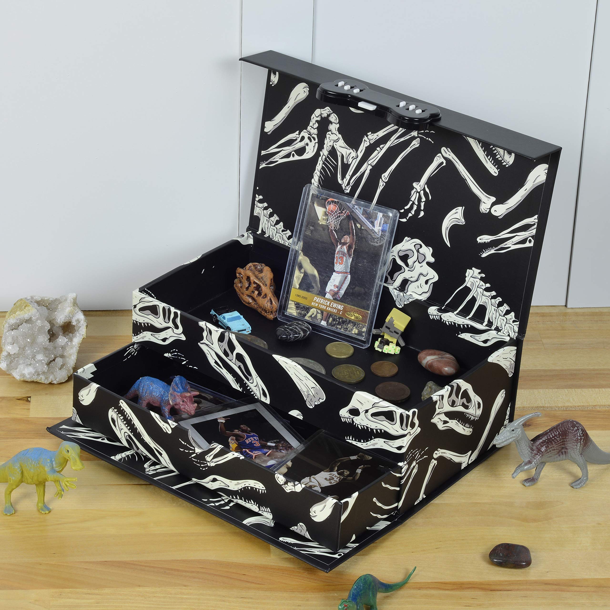 Kids Safe Box - Keepsake Paper Box for Boys, Safe With Combination Code Lock, Treasure Chest with Drawer, for Cash, Cards, Jewelery, Valuables, Storage, Toys, Organizing, Dinosaur Print - 9.5x5.25x3.5 - Like New