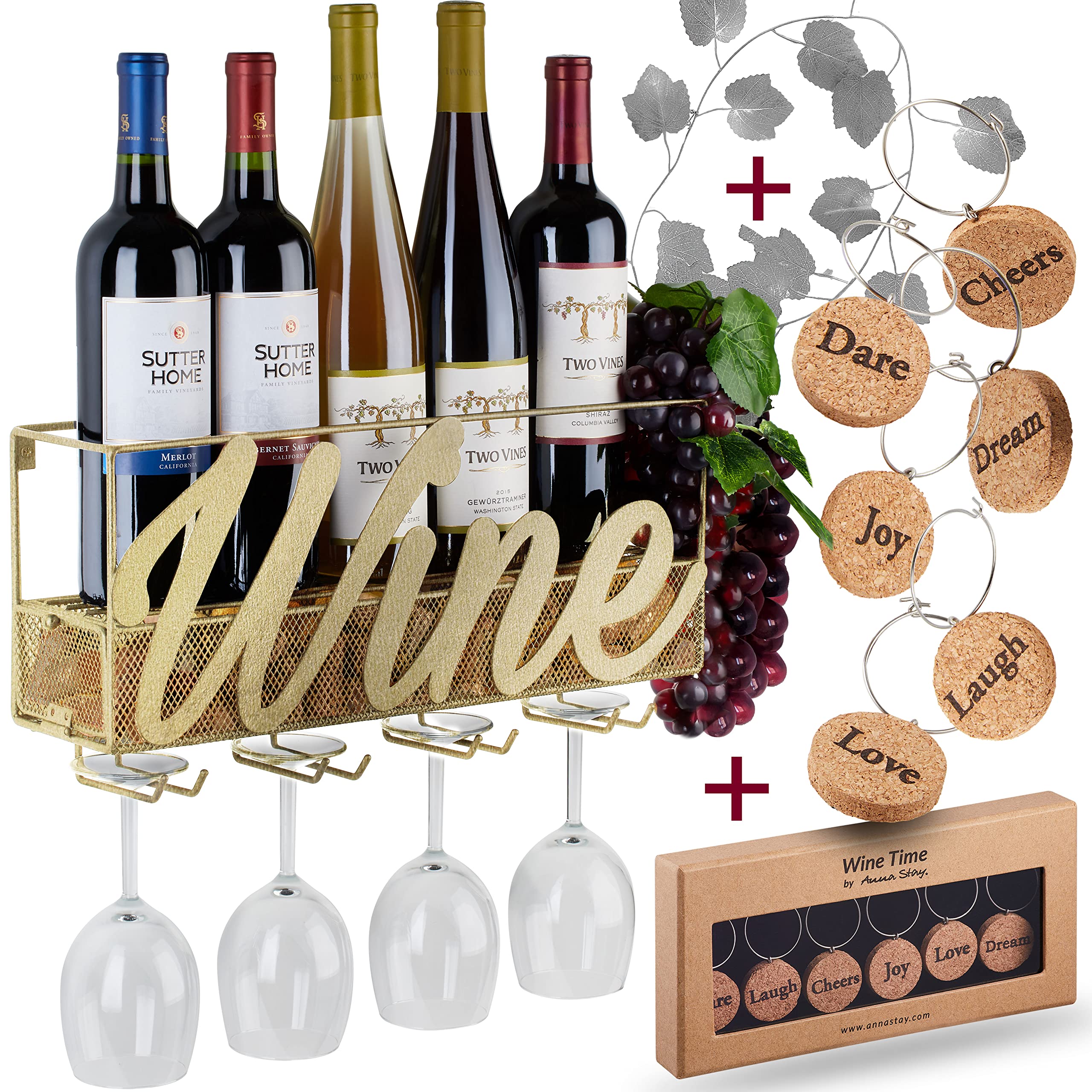 Anna Stay Wine Rack Wall Mounted - Decorative Wine Rack with Wine Glass Holder, Wall Mounted Wine Rack inc Cork Storage & Wine Charms, Wine Gifts with Wine Bottle Holder for Wine Decor - Like New