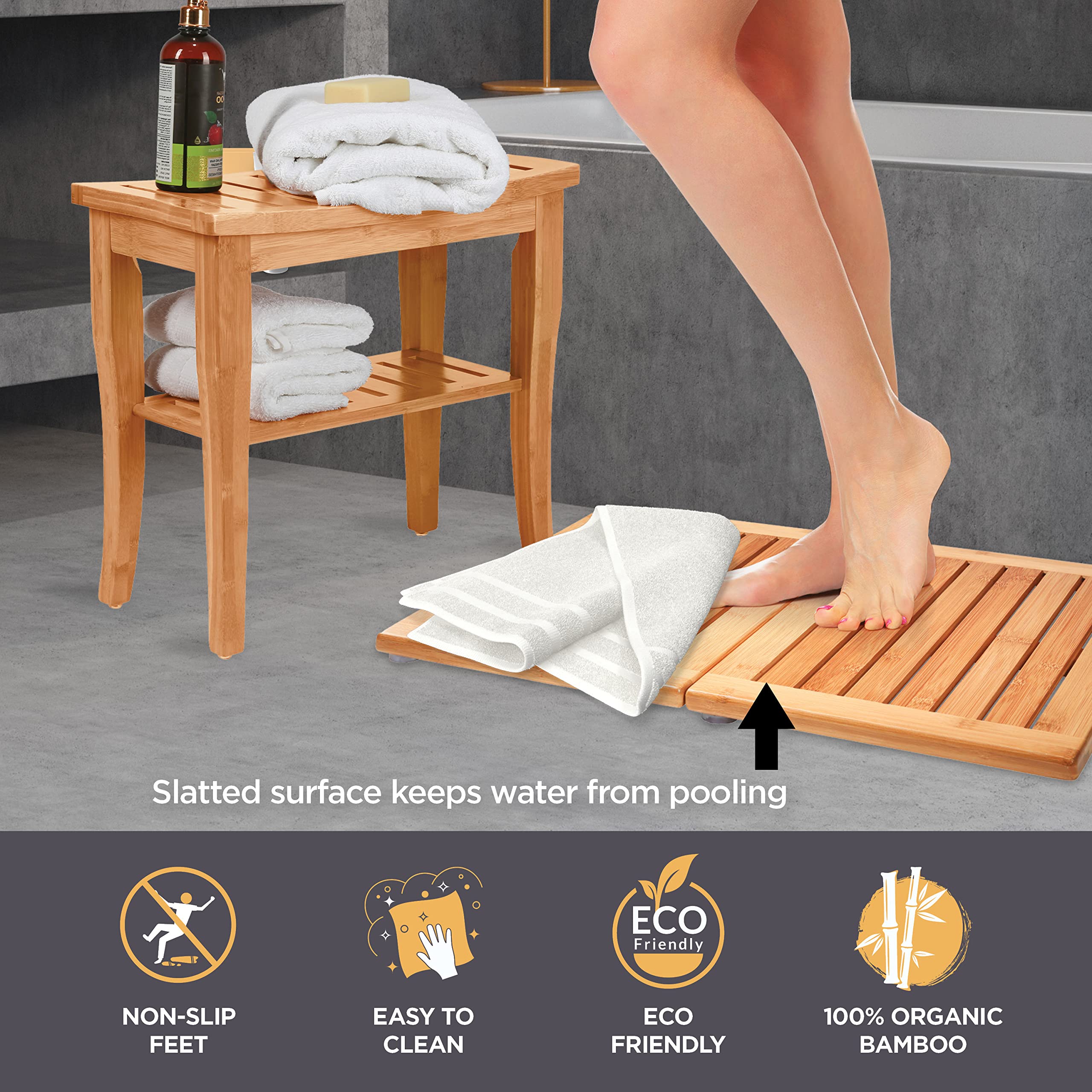 Shower Bench and Bath Mat - Set of Bamboo Bathroom Bench + Foldable Bamboo Bath Mat - Sauna Accessories, Versatile Bench and Floor Mat for Bathroom, Entrance, Patio, Camping, RV and Outdoors - Very Good