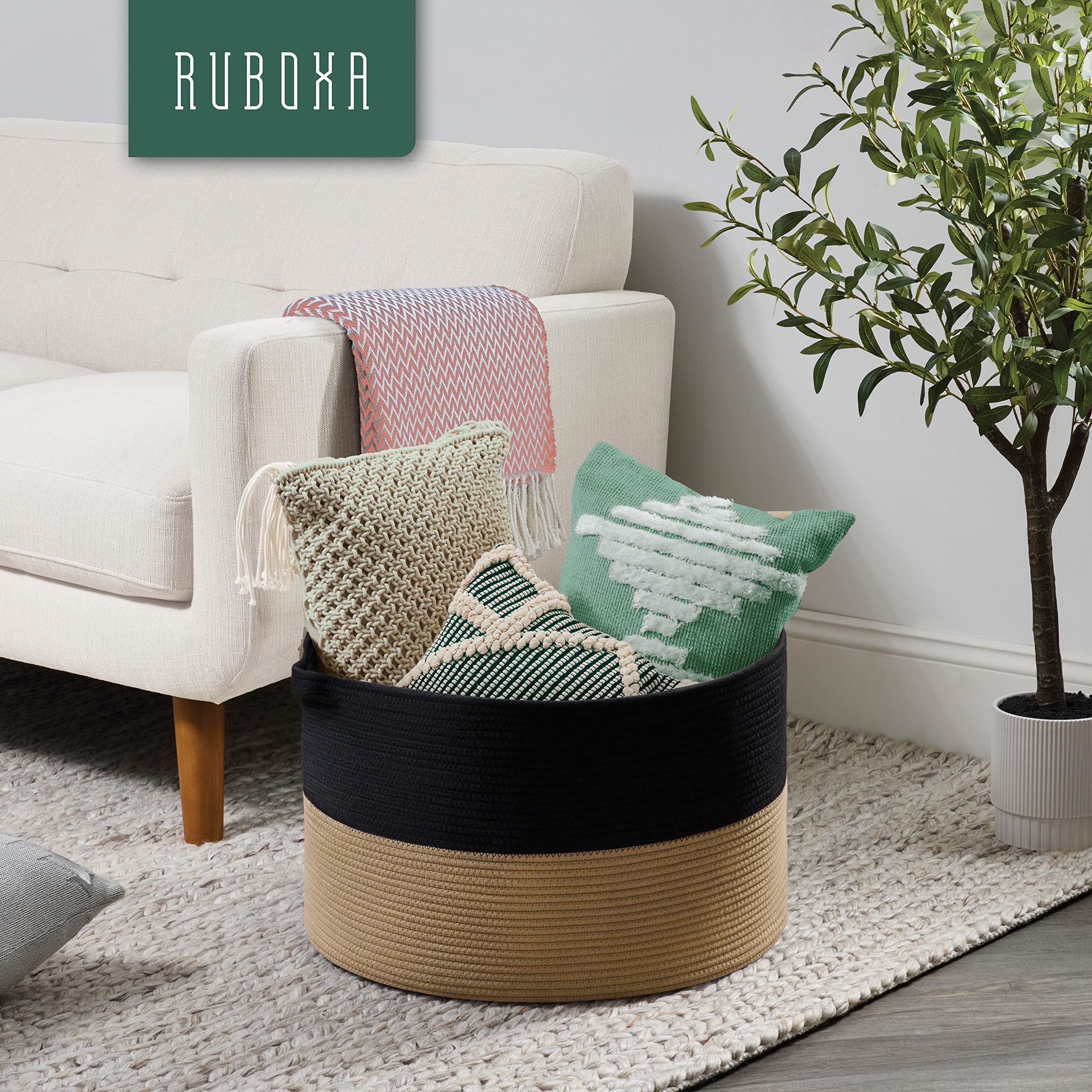 Decorative Jumbo Blanket Basket for Living Room - 100% Cotton Rope Woven Basket for Storage with 2 Easy Carry Handles, (Holds up to 40Lb) for Pillows, Blankets, Laundry Hamper & Baby Toy Bin, Etc. - Like New