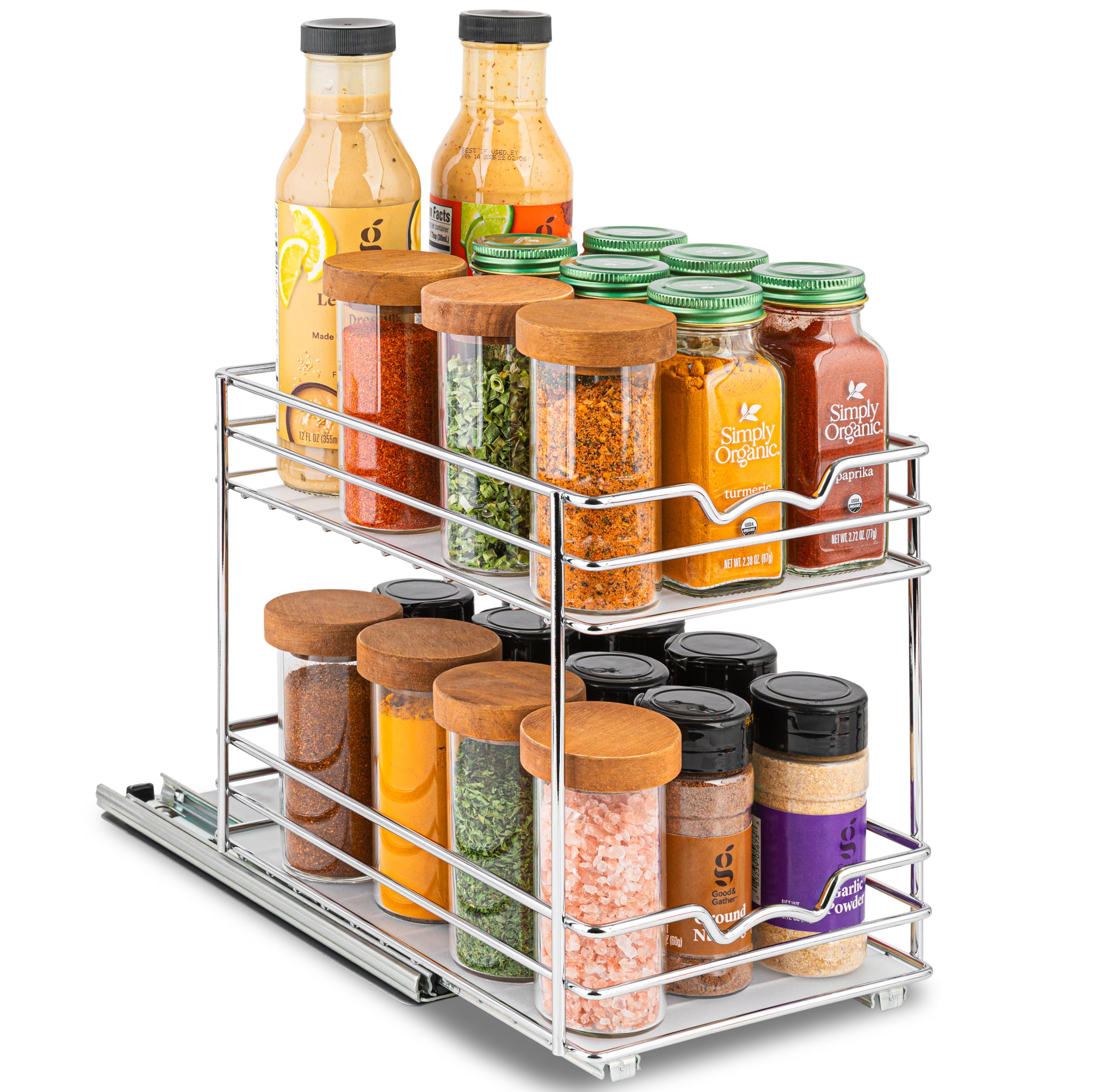 HOLD N' STORAGE Premium Pull-Out Spice Rack - 6.5"W x 10"D - Anti-Rust Chrome Finish - Heavy Duty with 5-Year Limited Warranty- Fits 3 Rows of Standard Spice Jars - Like New