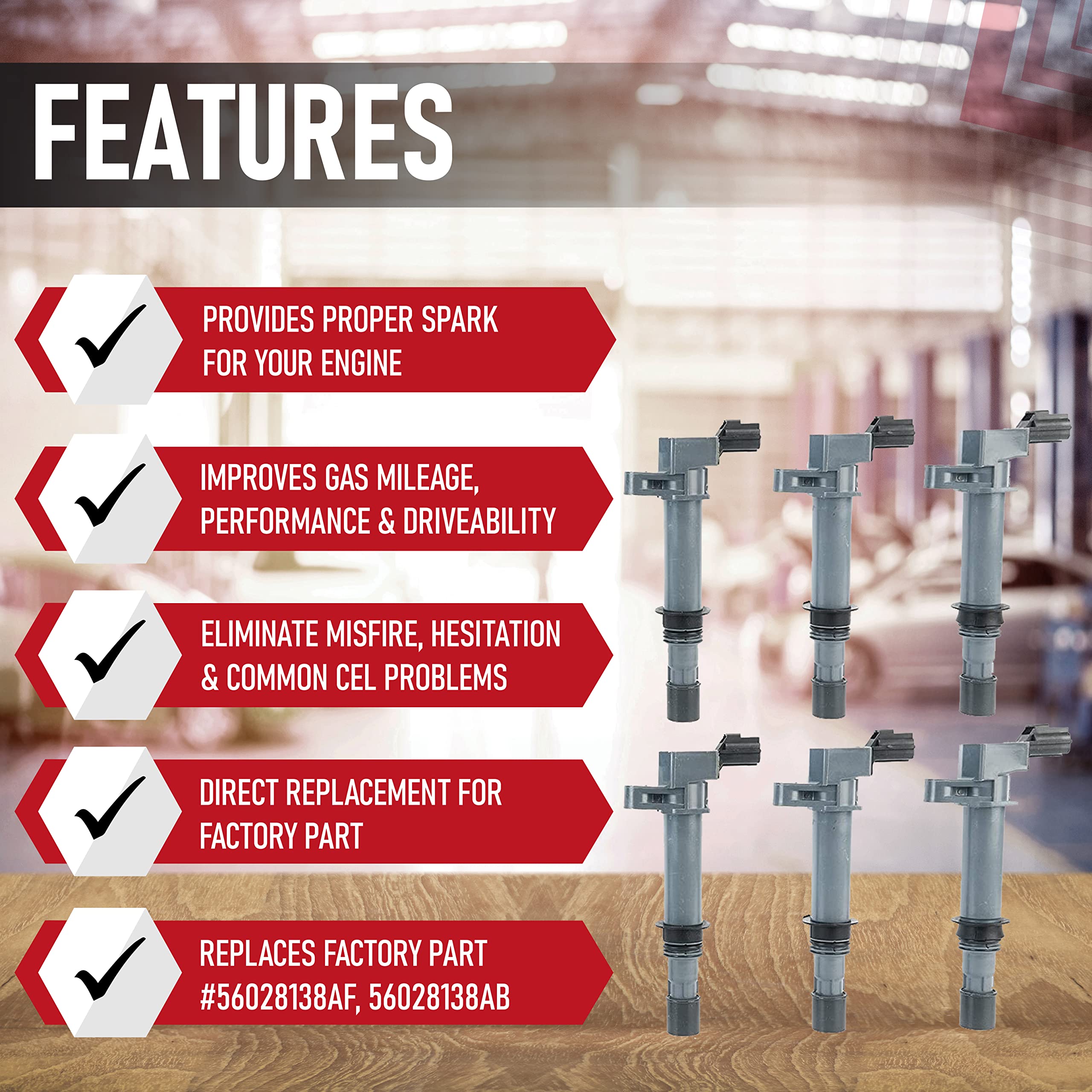 Ignition Coil Pack Set of 6 - Replaces 56028138AF, C1231 - Compatible with Dodge, Jeep Vehicles - 2002-2008 Ram 3.7 & 4.7L - 2000-2008 Dakota, Durango - 2002-2008 Grand Cherokee, Liberty - Very Good