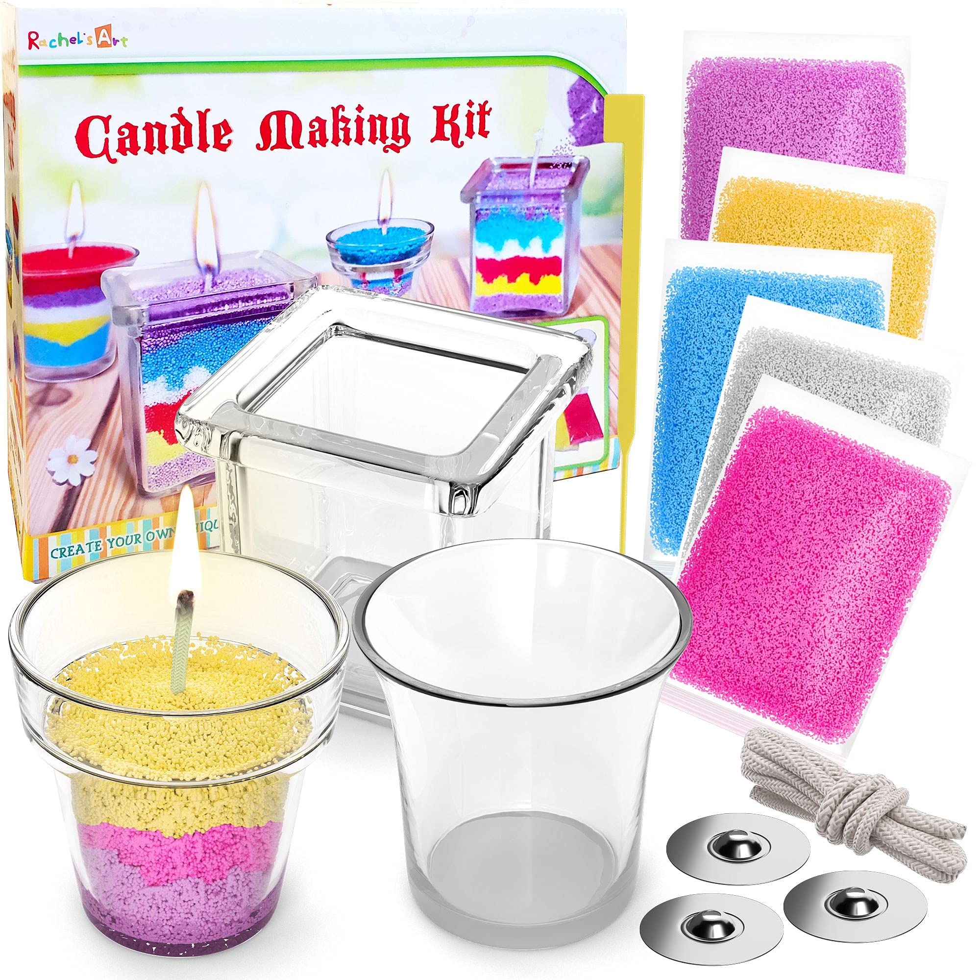 Rachel's Art - Candle Making Kit for Kids - DIY Kids Candle Making Kit - Design and Make Your Own Candles - Craft Supplies & Materials - 3 Glass Candle Containers, 3 Wicks, 5 Bags of Colored Wax  - Like New